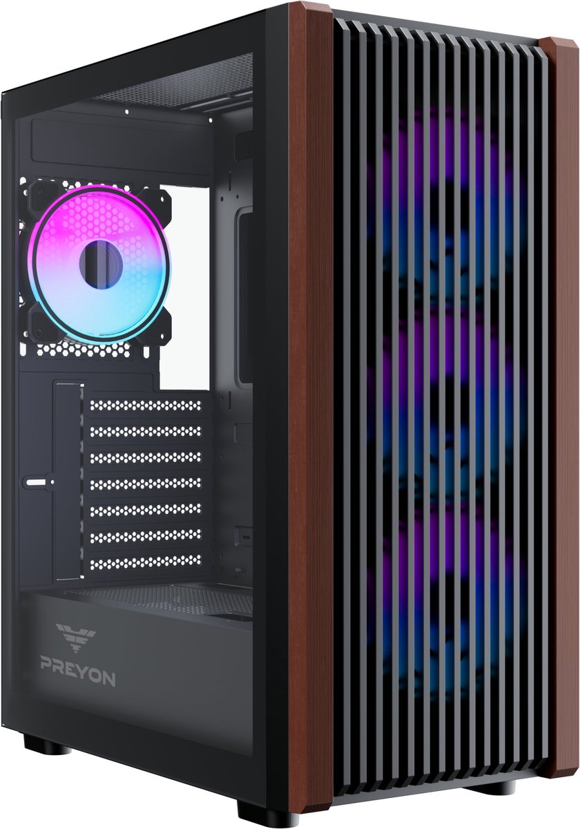PREYON Nest Timber Midi Tower ATX PC Case - Game PC Behuizing - Houten Front - Gehard Glas - 4x ARGB Fans