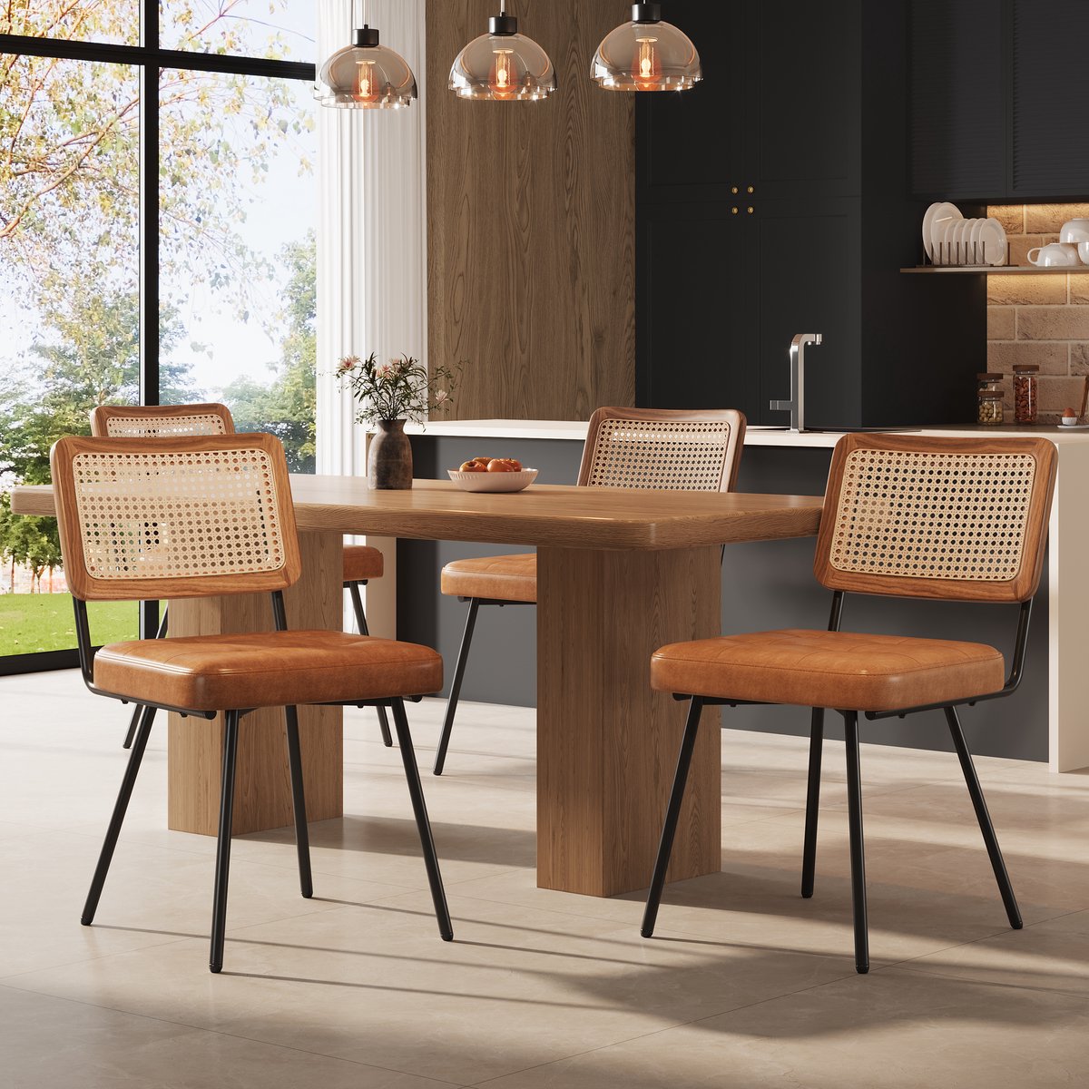 Clruro Eetkamerstoelen - 61 x 46 x 79 cm - 4 Stuks met Rotan Rug - PU-Leer en Metaal