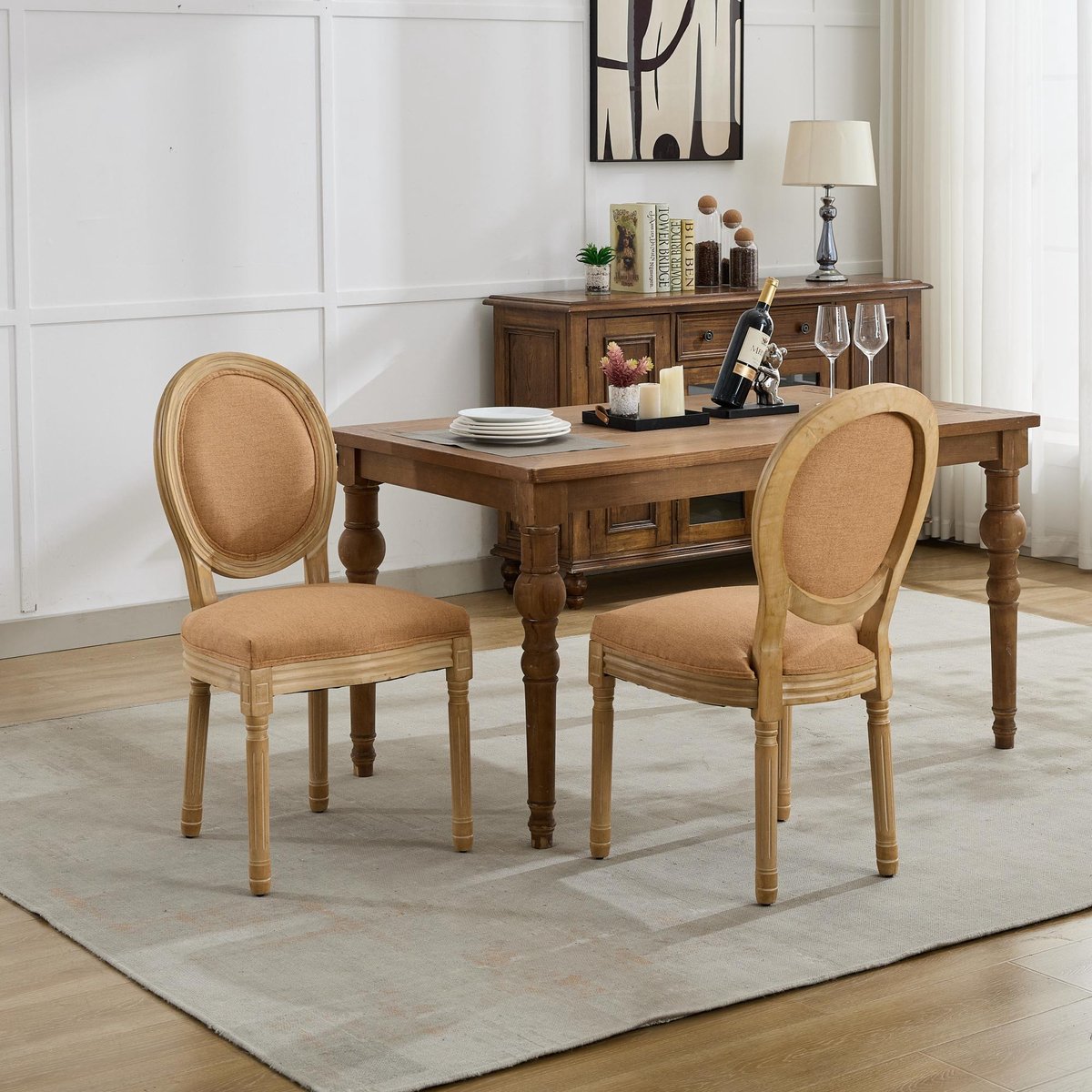 Clruro Eetkamerstoelen - 2 Stuks - Franse Rotan Rug met Antieke Look - Linnen en Hout - Bruin