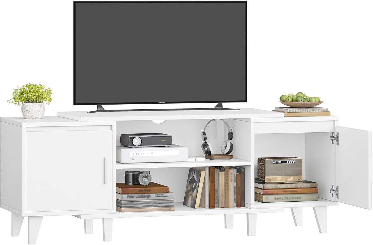 Hzuaneri tv-meubel, tv-tafel, geschikt voor tv's onder 44,5 cm, tv-meubel met 2 kasten en 2 open ruimtes, 40 x 140 x 51,5 cm, voor woonkamer, slaapkamer, eetkamer, wit