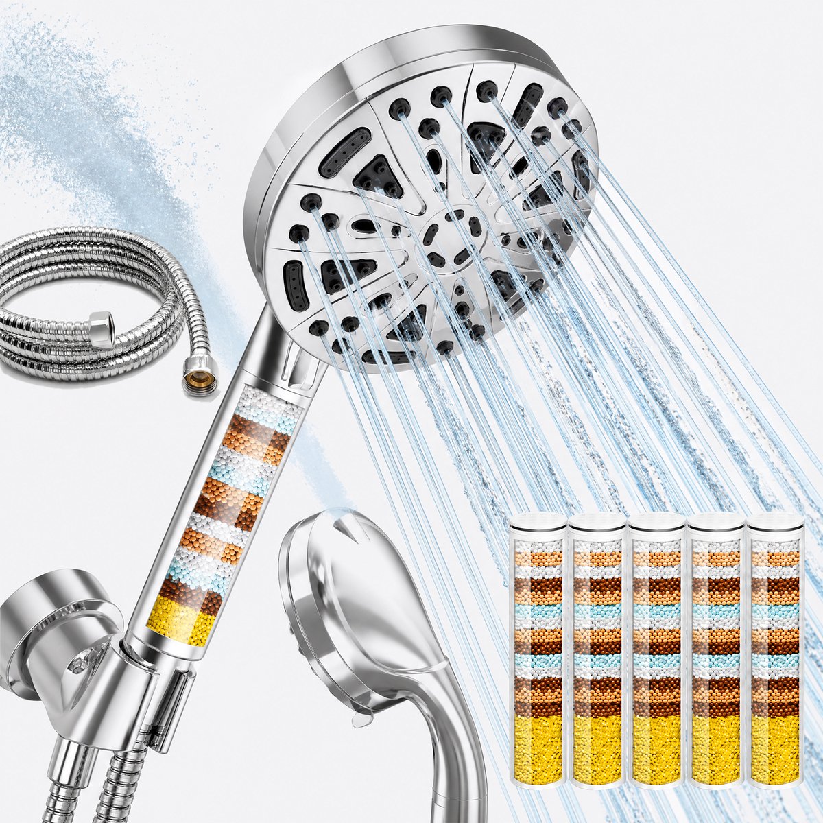 Douchekop met filter - Handdouche met 10 straalstanden en 15-laags KDF-filterpatroon - Regen, massage, mist en gerichte reinigingsstraal - Inclusief 1,5 m doucheslang en 5 filterpatronen - Voor douche, bad en huisdieren - ABS - Zilver