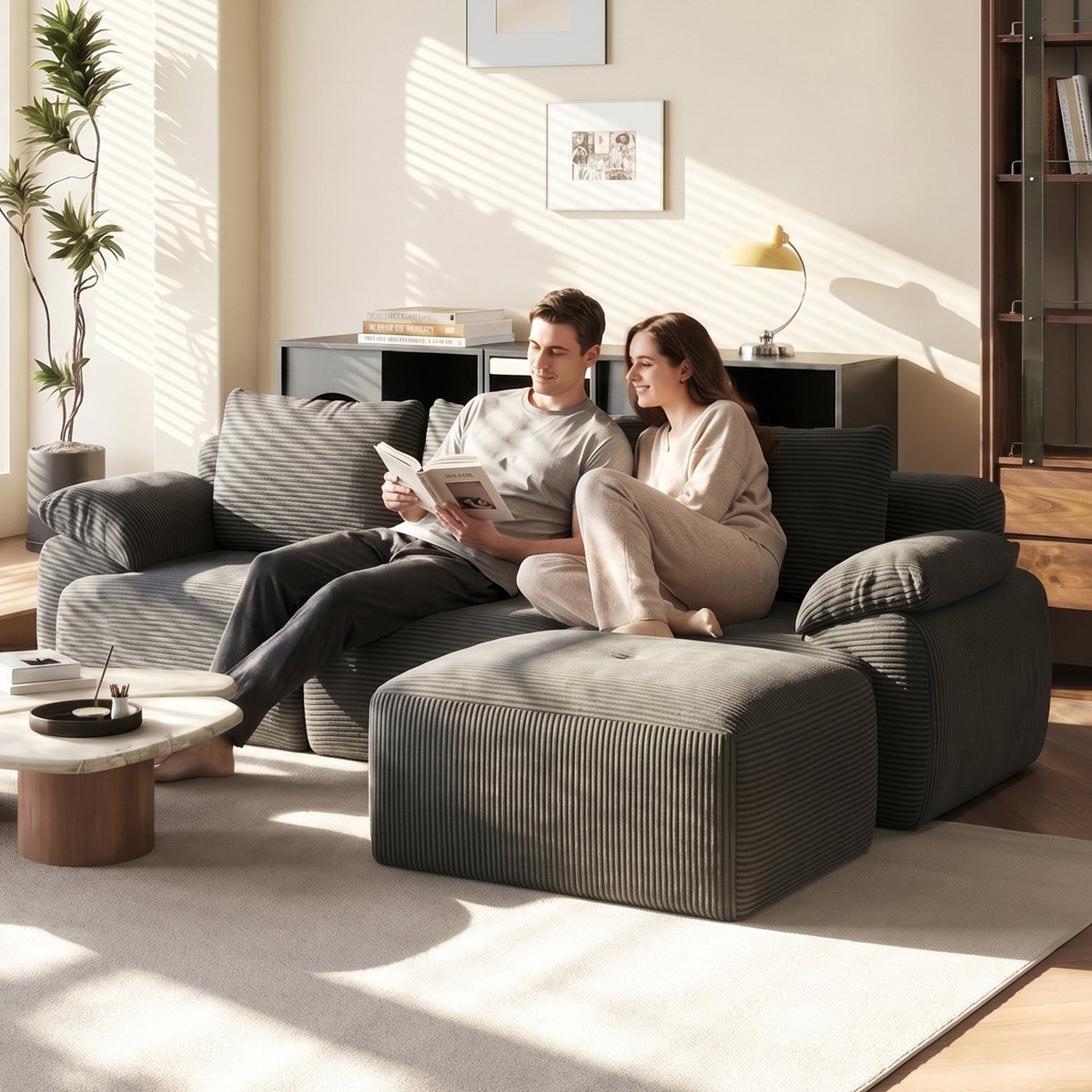 Moderne modulaire bank, L-vormige hoekbank met chaise longue en slaapfunctie, modulaire bank van corduroy, 264 x 161 x 71 cm, compacte bank voor de woonkamer, corduroy stof, donkergrijs
