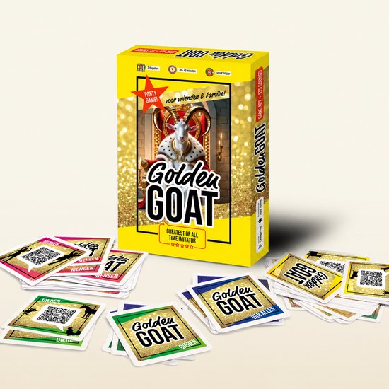 De doos van het bordspel Golden GOAT en speelkaarten met QR-codes op een lichte achtergrond.