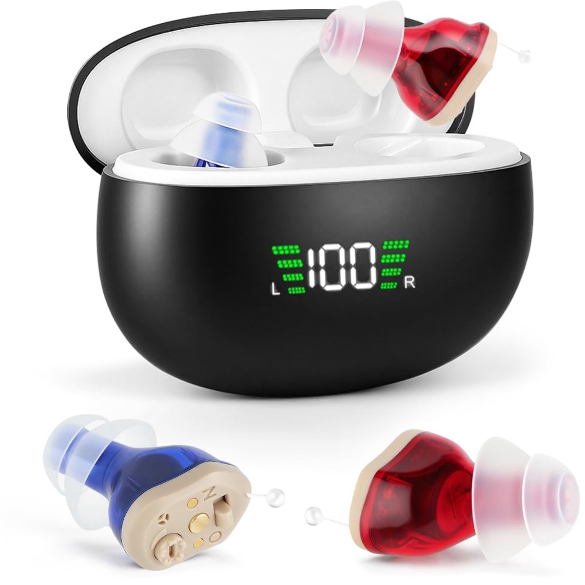 Hoorgeluidsversterker - oplaadbaar apparaat voor ruisonderdrukking - opbergdoos, USB-laadstation, volumeniveaus, ergonomische pasvorm - hoofdtelefoon draadloos - rood/blauw