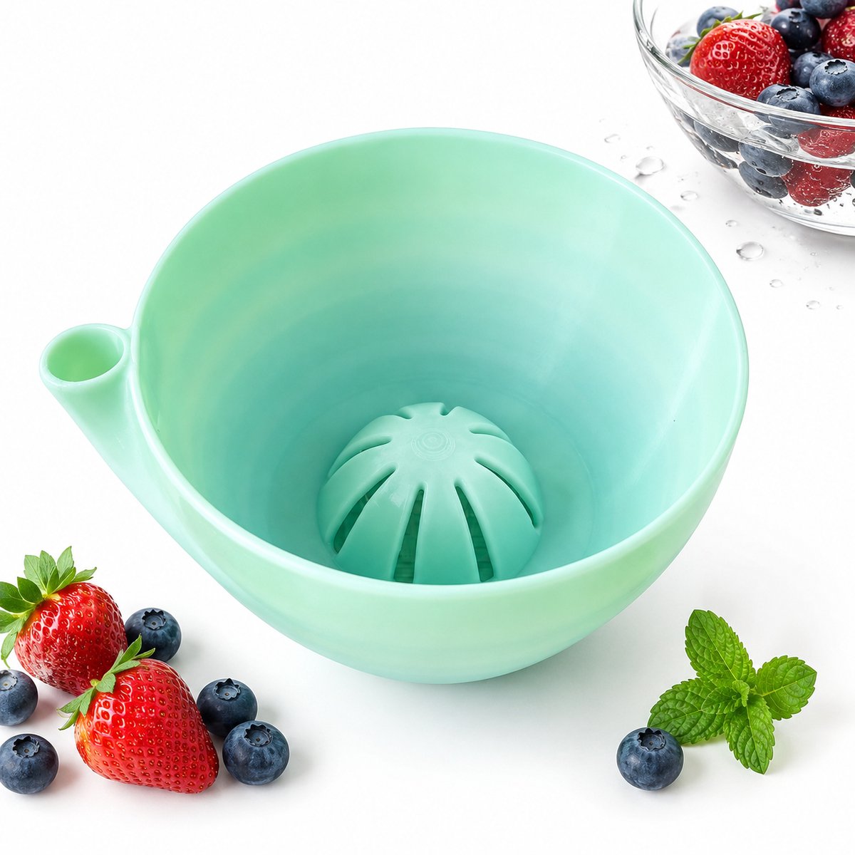 Zelfdraaiende Bessenwasbak - 17x15x8cm - BPA-vrij Kunststof Fruitwaskom met Vortex Design - Automatische Groentezeef en Stijlvolle Fruitschaal - 2-in-1 Spoelkom voor Bessen, Groenten en Salade-Geglazuurde doorschijnendheid