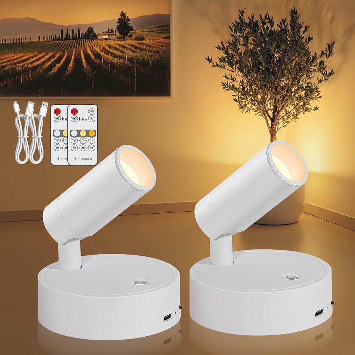 Led-spots, accu, wandlamp, binnen, wit, 2 stuks, USB-wandlamp, oplaadbaar, met afstandsbediening, 3 kleuren, spotlight, led-wandspots, schilderijverlichting, draadloos, voor plantenspots