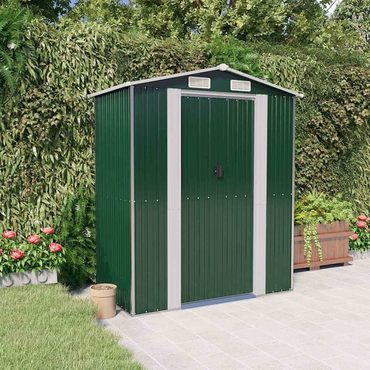 Groen verzinkt staal 192 x 108 x 223 cm | Schuifdeur, ventilatieopening, opslag van gereedschap buiten, opslag voor tuinieren