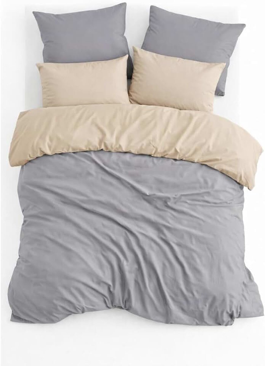 Dekbedovertrek Set, Dubbelzijdig, 100% Renforcé Katoen, Tweepersoons 200x220 cm, Grijs/Lila, Inclusief 2 Kussenslopen 60x70 cm, Zacht & Ademend (Beige/Grijs, Dubbel)
