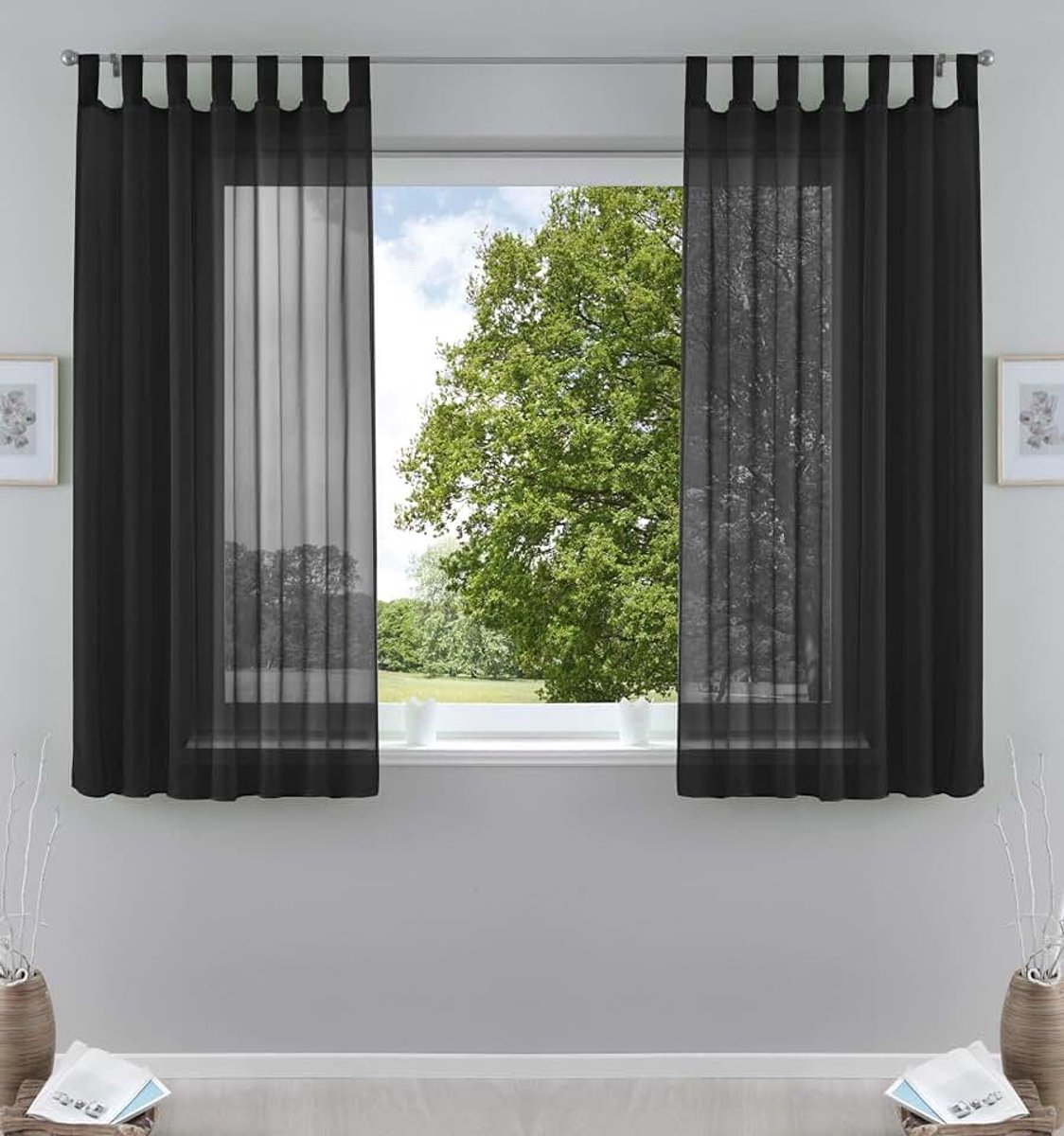 Gordijn lusgordijn set van 2 transparant zwart 175x140 »Bern« | Afneembare lussen voor gordijnrail, ingenaaide plooiband, loodband, 100% polyester voile, wasbaar op 40 °C