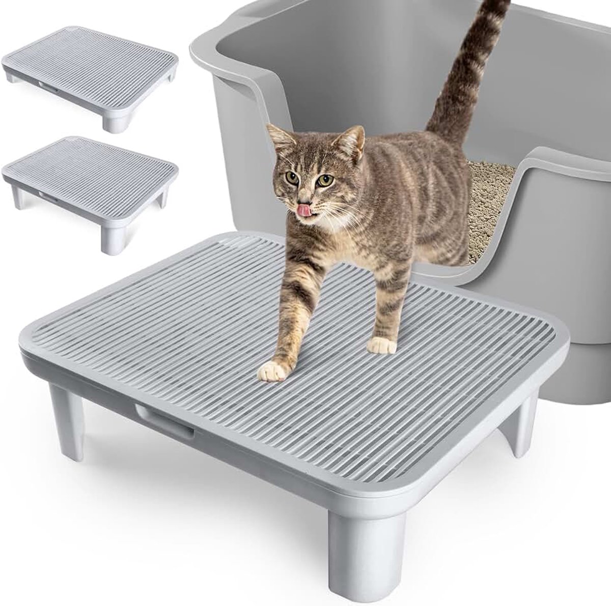 Ajustable para Gatos, kattentrap toilet Patas reemplazables, kattenbakhelling, Escalera elevada para caja de Arena para Gatos mayores, fácil de limpiar (grijs)