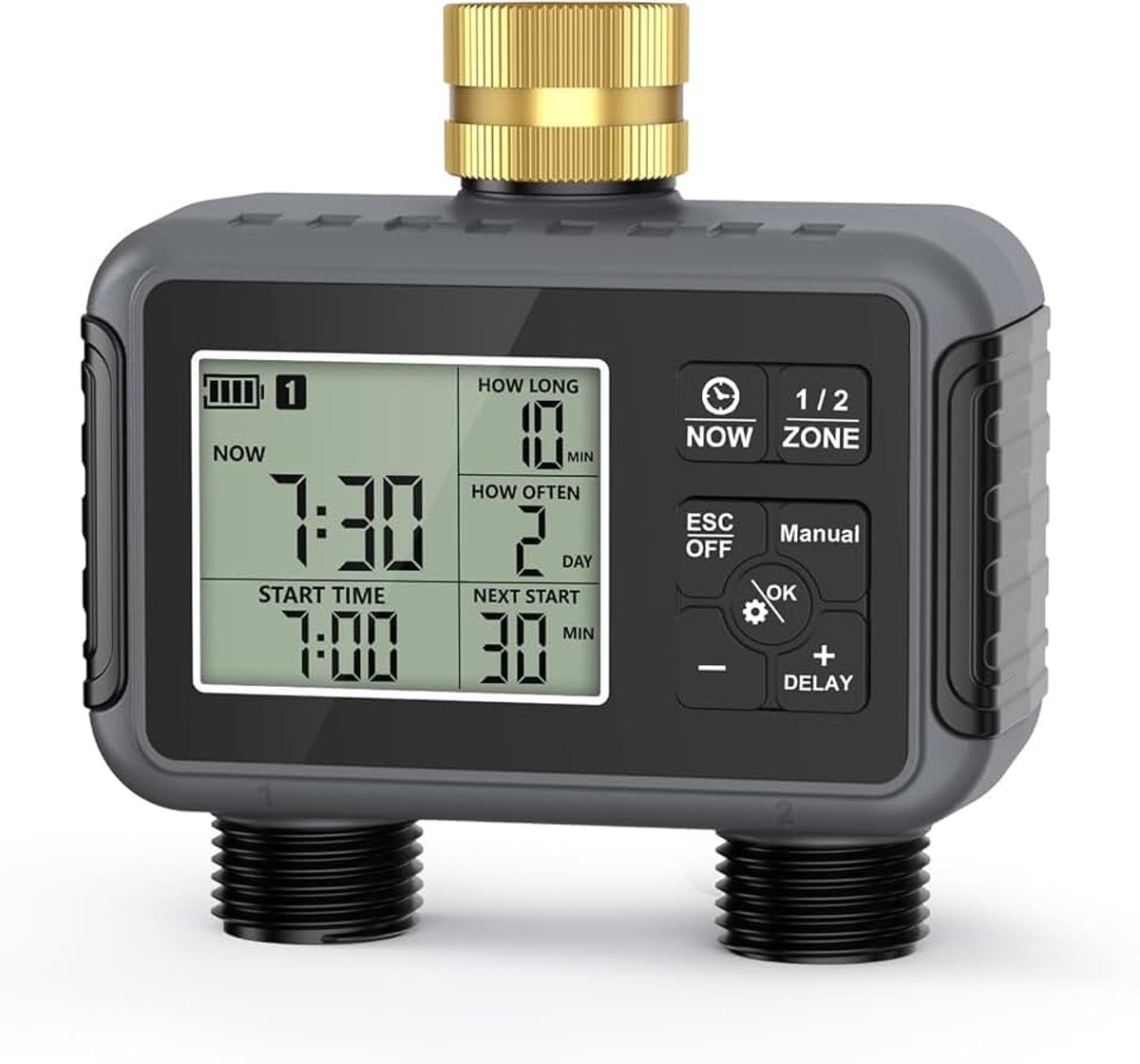 Tuinslang-kraantimer, programmeerbare sprinklertimer met regenvertraging, automatisch druppelirrigatiesysteem en gazonbesproeiingssysteem voor de tuin (2 Outlet)