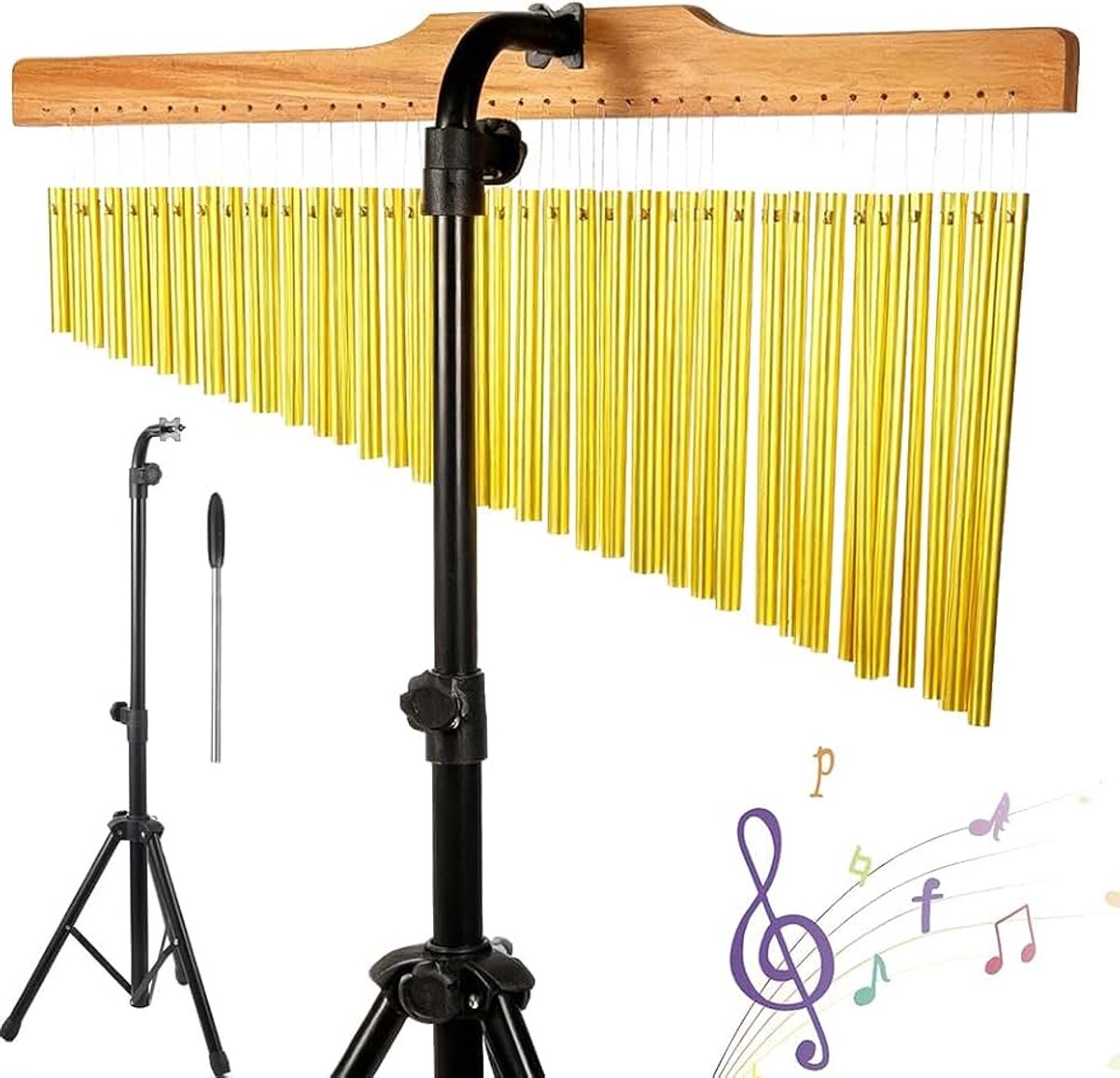 Set van 36 staven van gekleurd aluminium, inklapbare standaard met verstelbare hoogte (72-115 cm), gevechtstokje en balk, voor kerk, orkest en muziekmonsters