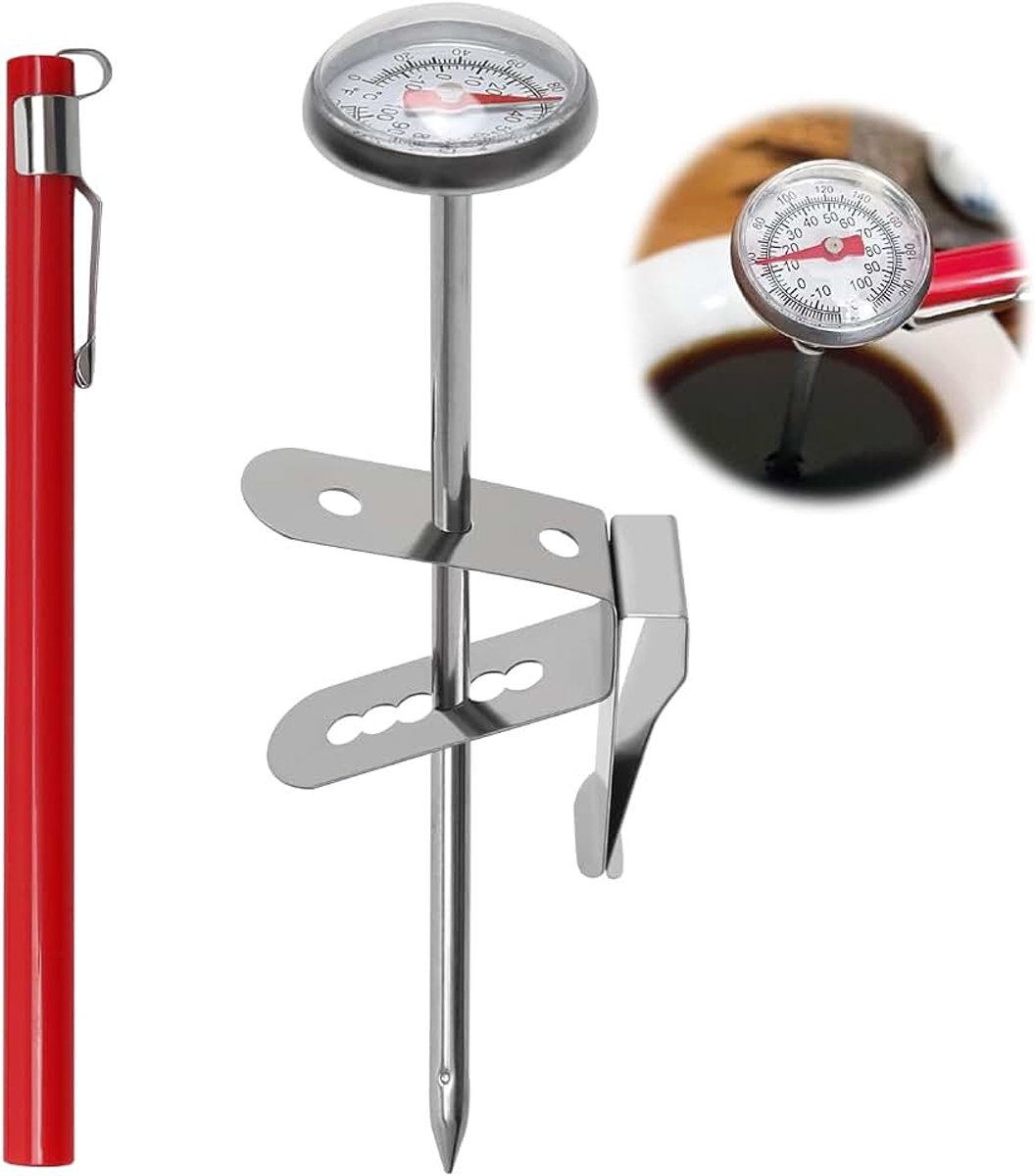 Vleesthermometer analoog 120 cm, keukenthermometer roestvrij staal met lange sonde en clip, melkthermometer barista, braadthermometer, grillthermometer, kookthermometer voor vloeistoffen