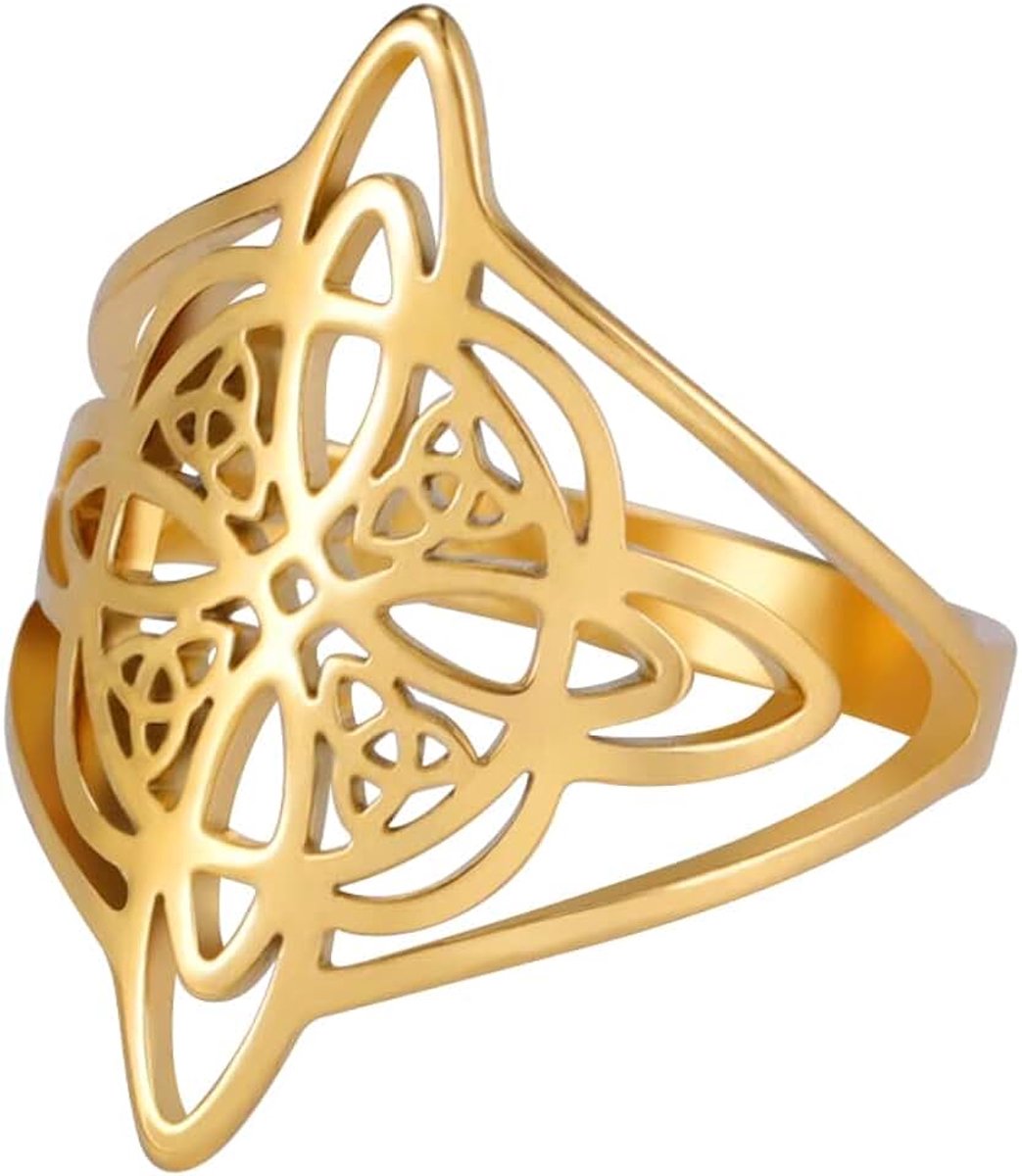 Kkjoy Opengewerkte heksenknoop ring roestvrij staal heidens Wicca-symbool magische knoop 4-puntige Keltische knoop hekserij amulet ringen voor vrouwen meisjes
