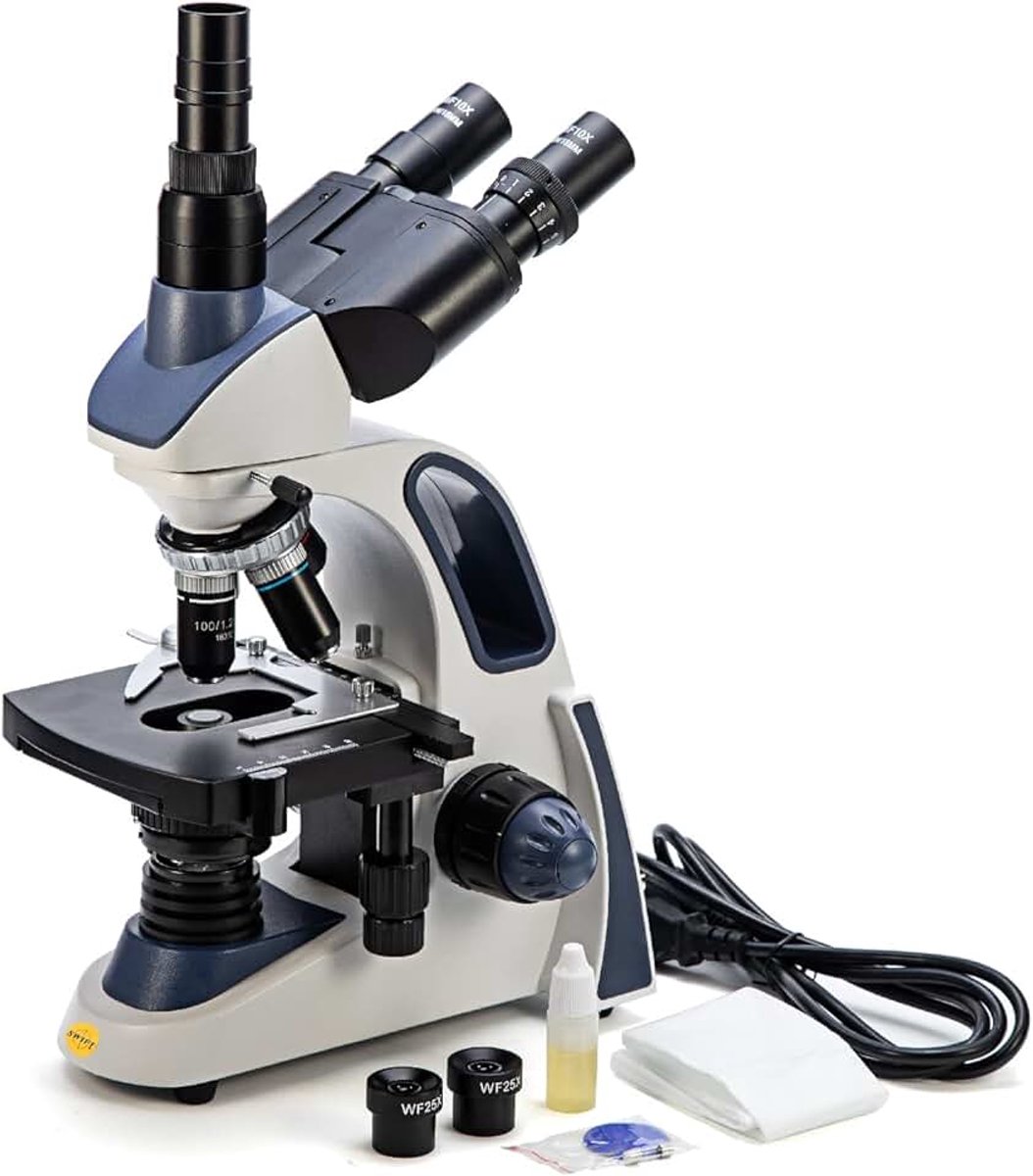 Samengestelde laboratoriummicroscoop met dubbellaagse mechanische tafel, Siedentopf-kop, wijdveld-10X/25X oculairs