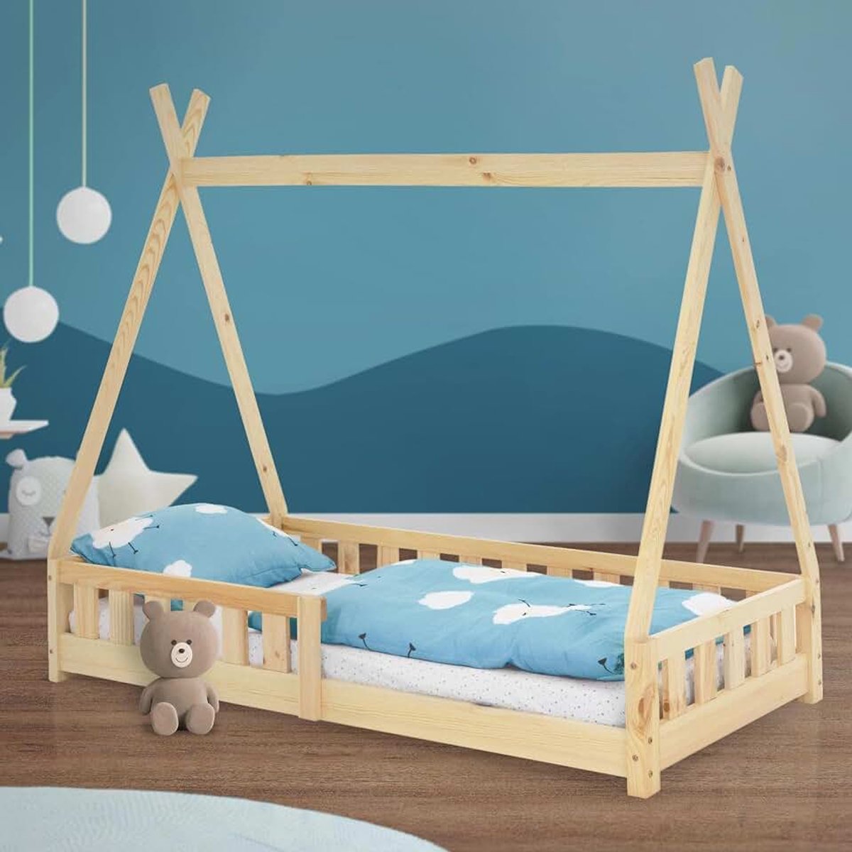 Kinderbed tipi 80x160 cm naturel met uitvalbeveiliging en lattenbodem, gemaakt van grenen hout, indianenbed van massief hout voor meisjes & jongens, jeugdbed speelbed tent