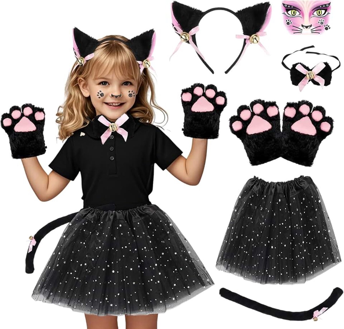 Kattenkostuum voor meisjes, set kattenkostuum kinderen met tutu, kattenoren haarband, staart, kattenklauwen handschoenen, vlinderdas, stickers, kattenkostuums meisjes voor carnaval, Halloween
