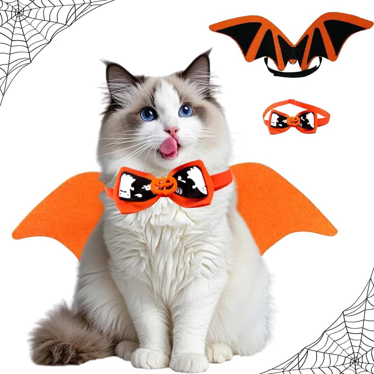 2 stuks Halloween kattenkostuum vleugels, Halloween-kostuum voor huisdieren, vleermuiskostuum voor Halloween huisdieren, met pompoenvlinderdas voor cosplay-decoratie, M