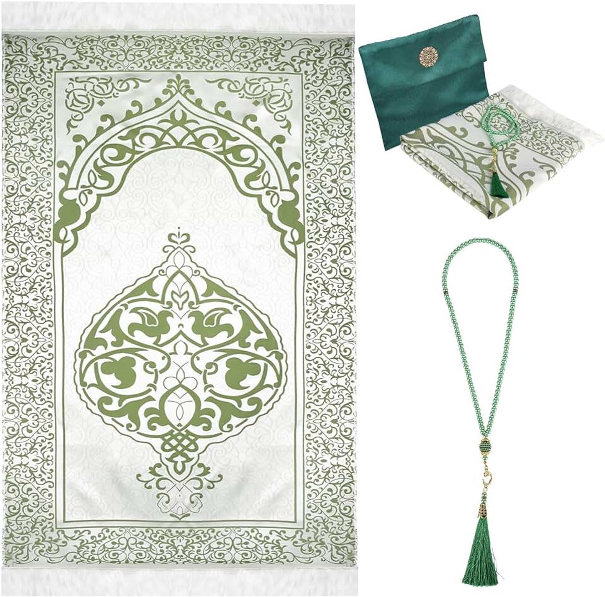 Gebedstapijt met gebedskralen, moslim zacht gebedstapijt gebedsmat voor vrouwen en mannen, Lslamitische gebedsmatset geschenken voor Ramadan Eid Bayram (roze) (groen)