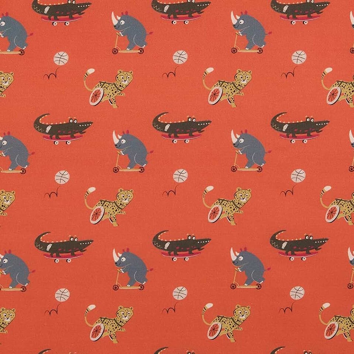 Stof, katoen, digitale druk, naaien, handwerk, 100 cm lang x 140 cm breed, krokodillenleer, neushoorns, skaten, oranje, 1 meter