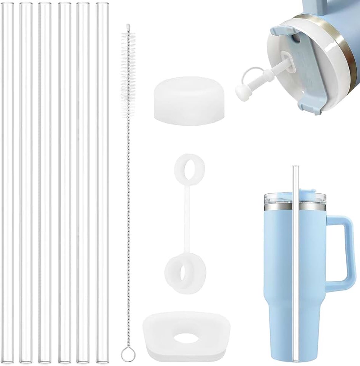 6 stuks rietjes voor Stanley Cup, rietjesaccessoires voor Stanley Cup 30/40oz accessoires (milieuvriendelijke kunststof, transparant, met reinigingsborstel)