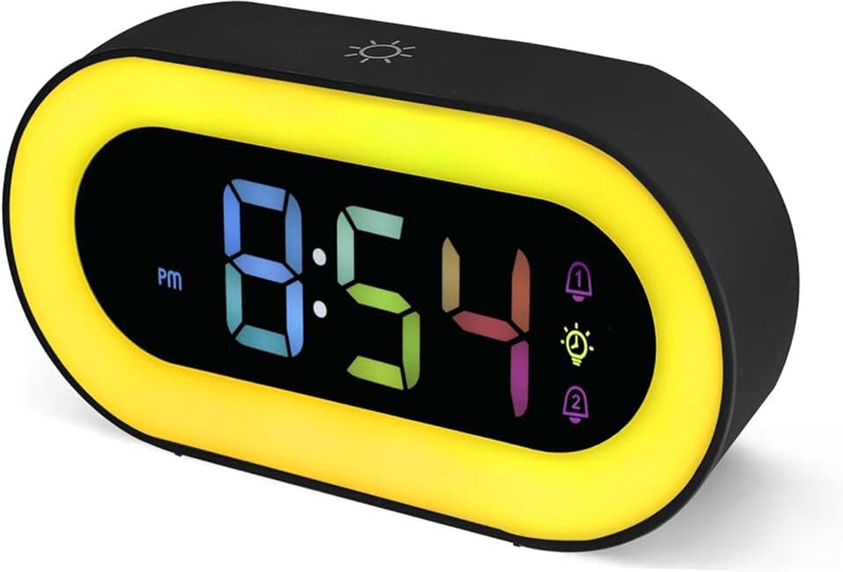 Kinderwekker op Batterijen, Jongens Wekker voor Kinderen Meisjes Jongens Tieners Oplaadbare Dubbele Wekkers 9 RGB Licht 18 Melodiontjes Snooze Modi 12/24 Uren voor Kinderen