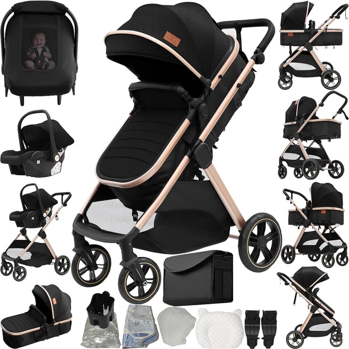 3-in-1 kinderwagen met twee omkeerbare duwmodi, kinderwagen voor pasgeborenen met opvouwbaar ontwerp in één klik, babytrio met grote comfort-navelle, V10 zwart goud