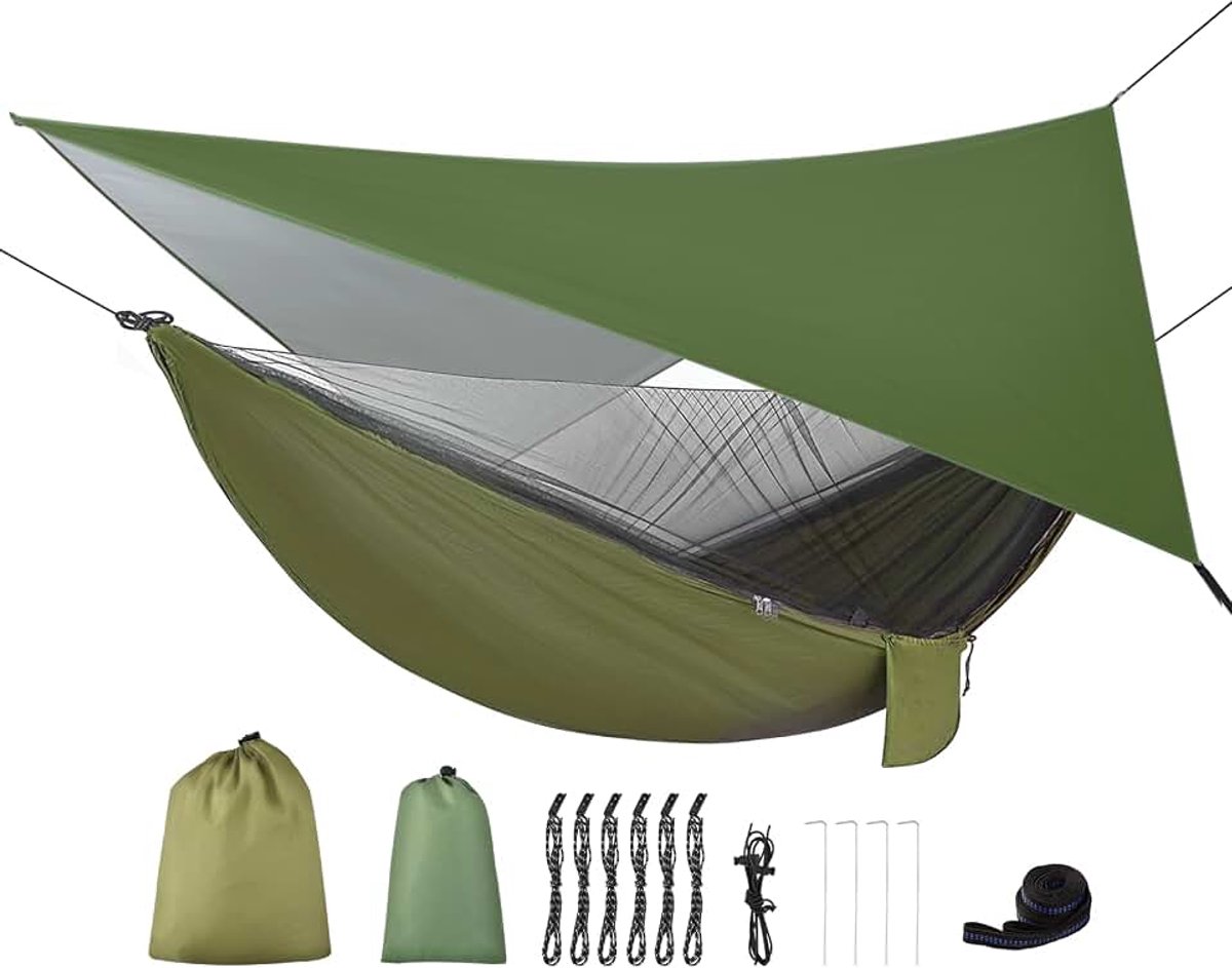 Campinghangmat met klamboe en regenvliegtentzeil en boomriemen draagbare grote enkele en dubbele parachutehangmatten uitrusting voor backpacken wandelen, reizen, tuin en buitenactiviteiten