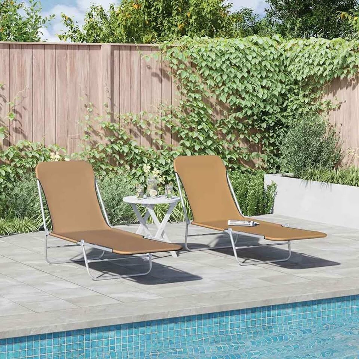 2-pack opvouwbare ligstoelen met verstelbare rugleuning, stalen frame loungestoel in taupe, lichtgewicht en draagbaar voor tuin, strand, camping