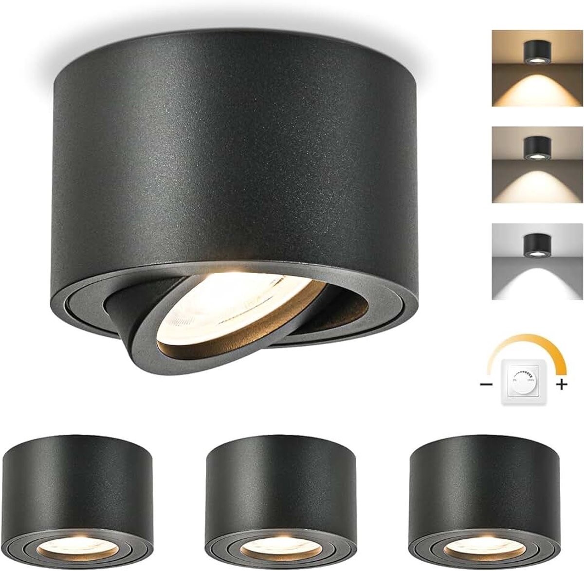 Dimbare LED-opbouwspot, draaibaar, 5 W, plafondspots, Ø 80 x 50 mm, 3000 K/4000 K/6500 K, 30 graden, badkamerspot, aluminium, rond, zwart, plafondlamp, led-spot
