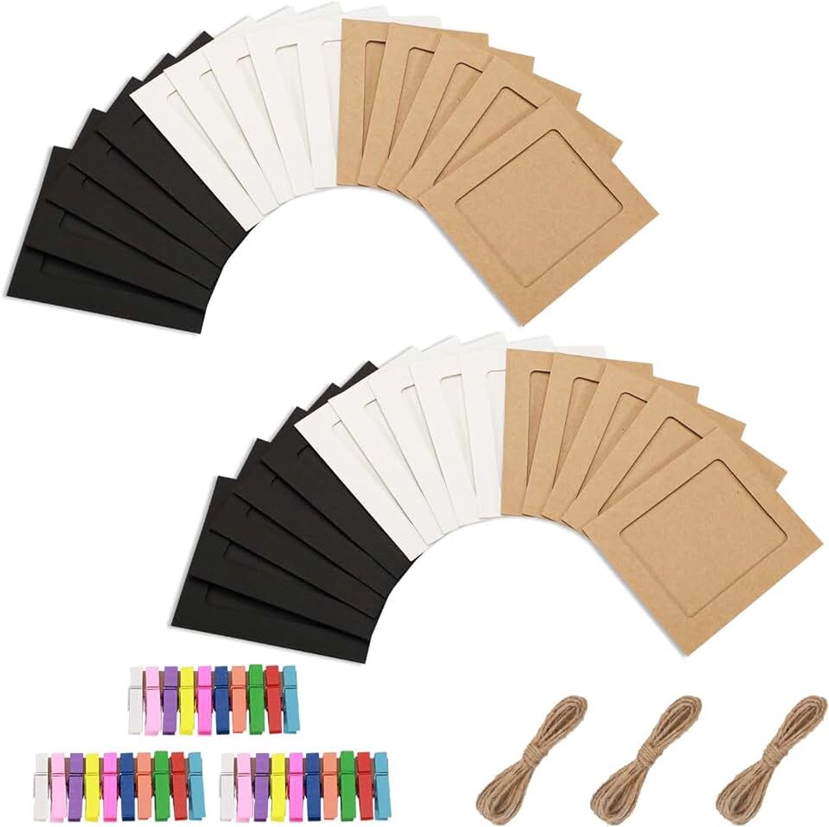 30 stuks papieren fotolijsten, 3 x 4, kartonnen fotolijsten, hangende fotolijsten, fotokoord met clips voor muur, fotobanner, fotoslinger, display, 3 x 4