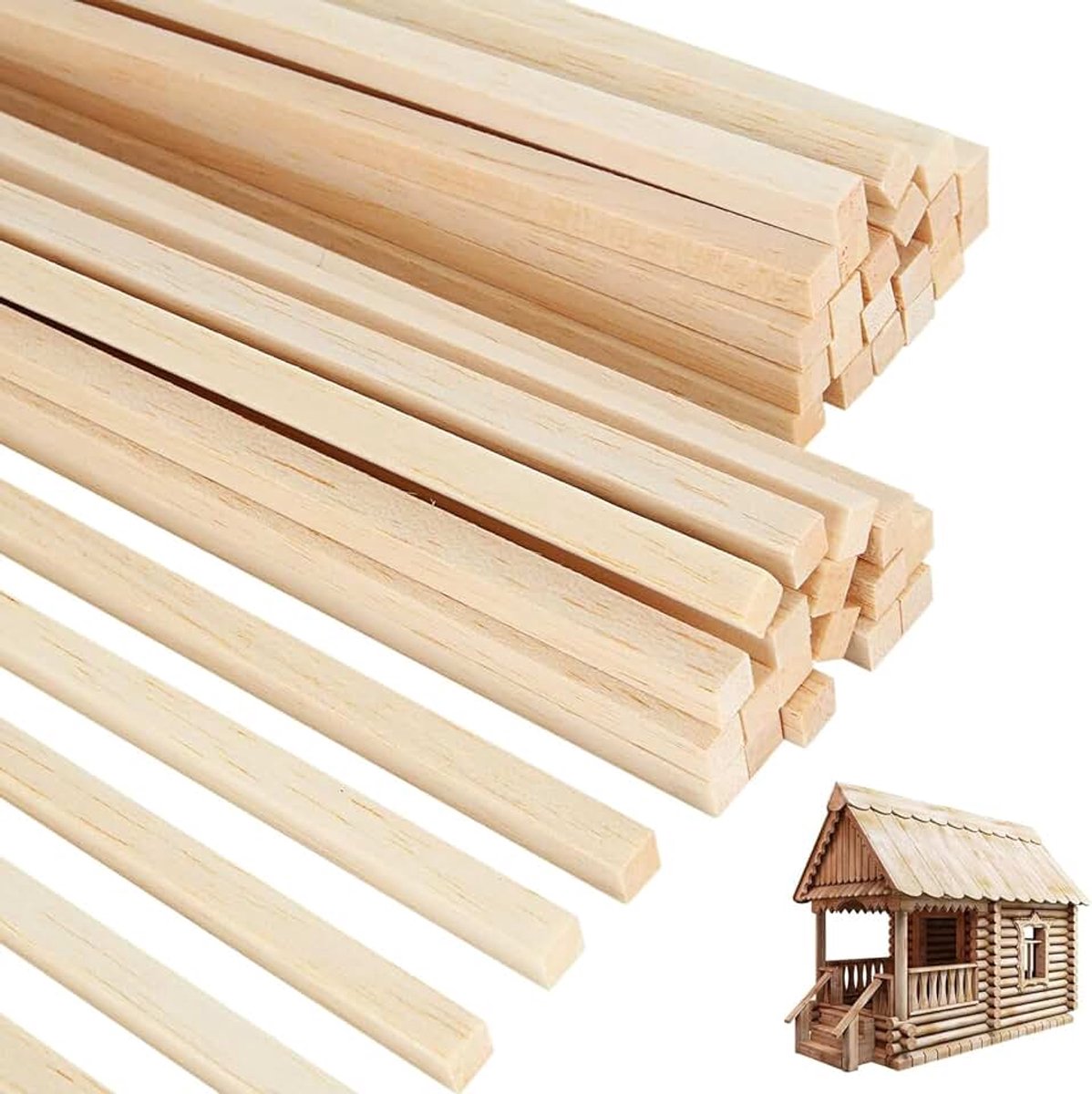 Houten pluggen, houten stokken en houten strips in natuurlijke kleur voor handwerk, perfect voor creatieve doe-het-zelf-projecten
