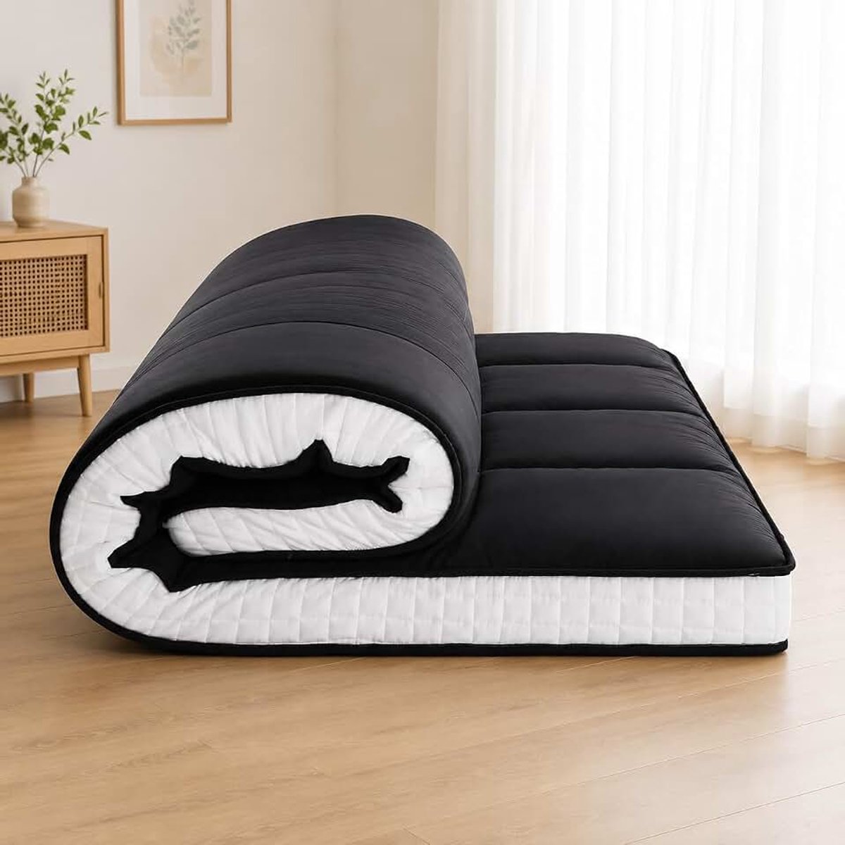 Matras, 153 x 203 cm, vouwmatras, 10 cm dik, Japanse vouwmatras, futon logeerbed, vloermatras, draagbaar matras, opvouwbaar voor tatami, slaapzaalbed, camping, camper, zwart