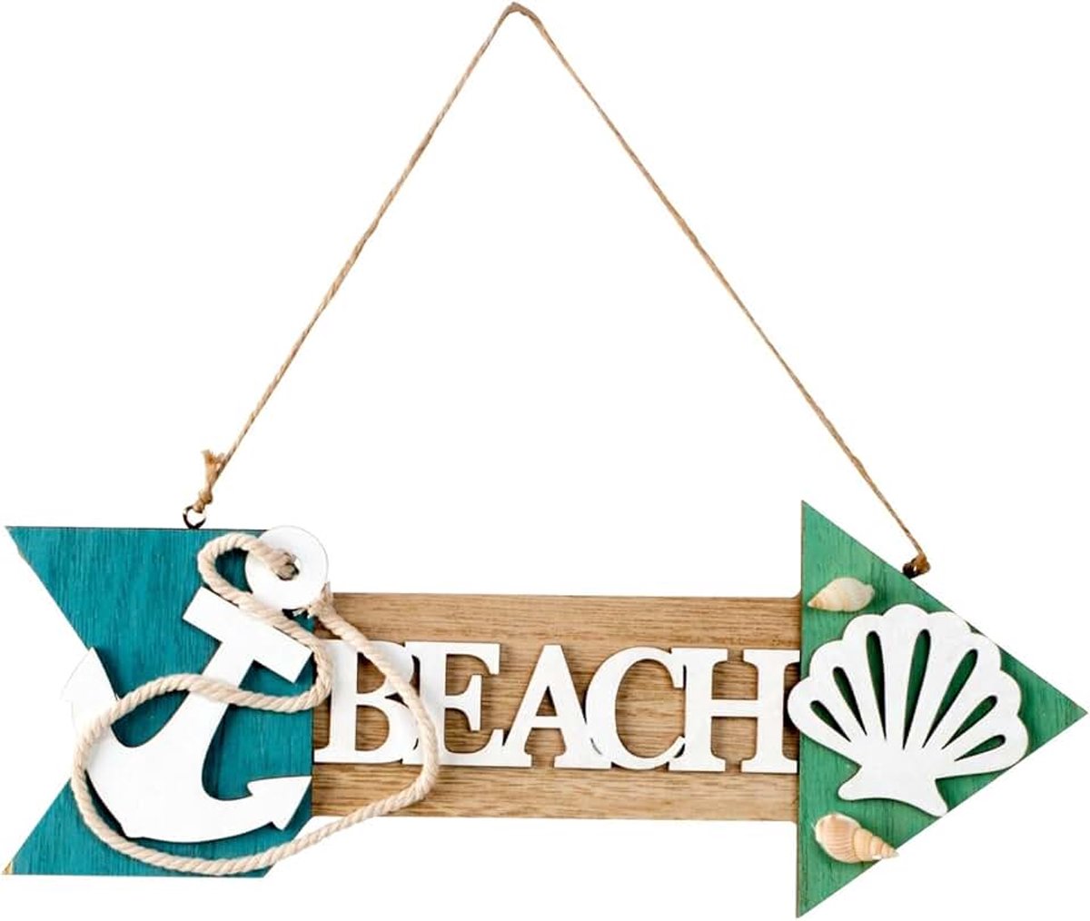 IK1506 Dekoschild Beach Hout 29 cm maritieme wandversiering anker, schelp & touw vintage wanddecoratie badkamer balkon & terras hangbord kust zomerdecoratie houten bord