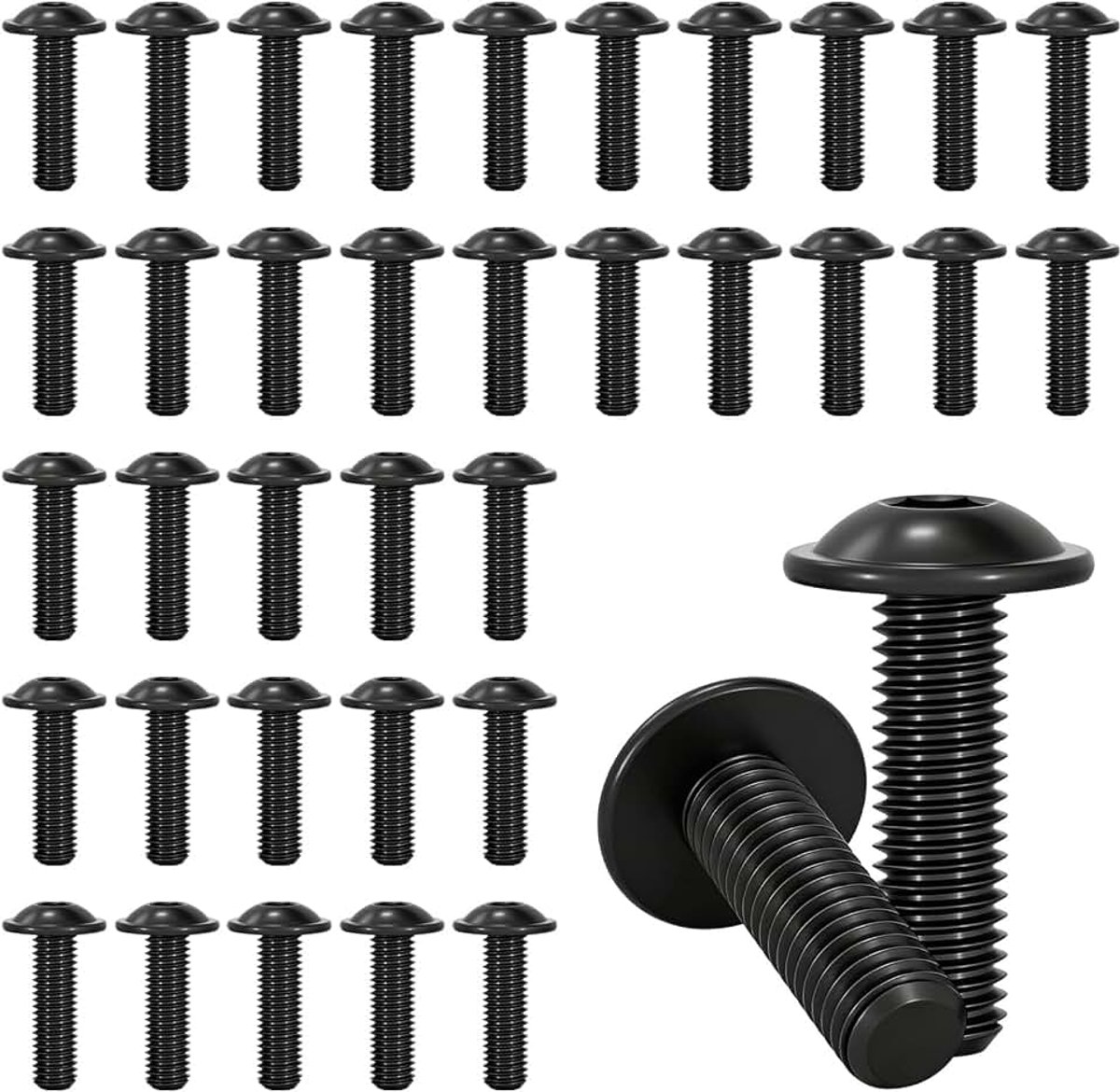35 stuks M6 x 20 mm platte kopschroeven ISO 7380-2 lenskopschroeven roestvrij staal A2 V2A flensschroef zwart schroefdraadschroeven voor hout frame tafelpoten voertuigbouw