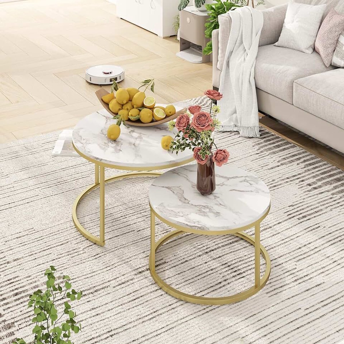Hitsukisalontafel goud set van 2 met 1 grote tafel rond en 1 klein bijzettafeltafel wit metalen frame woonkamer