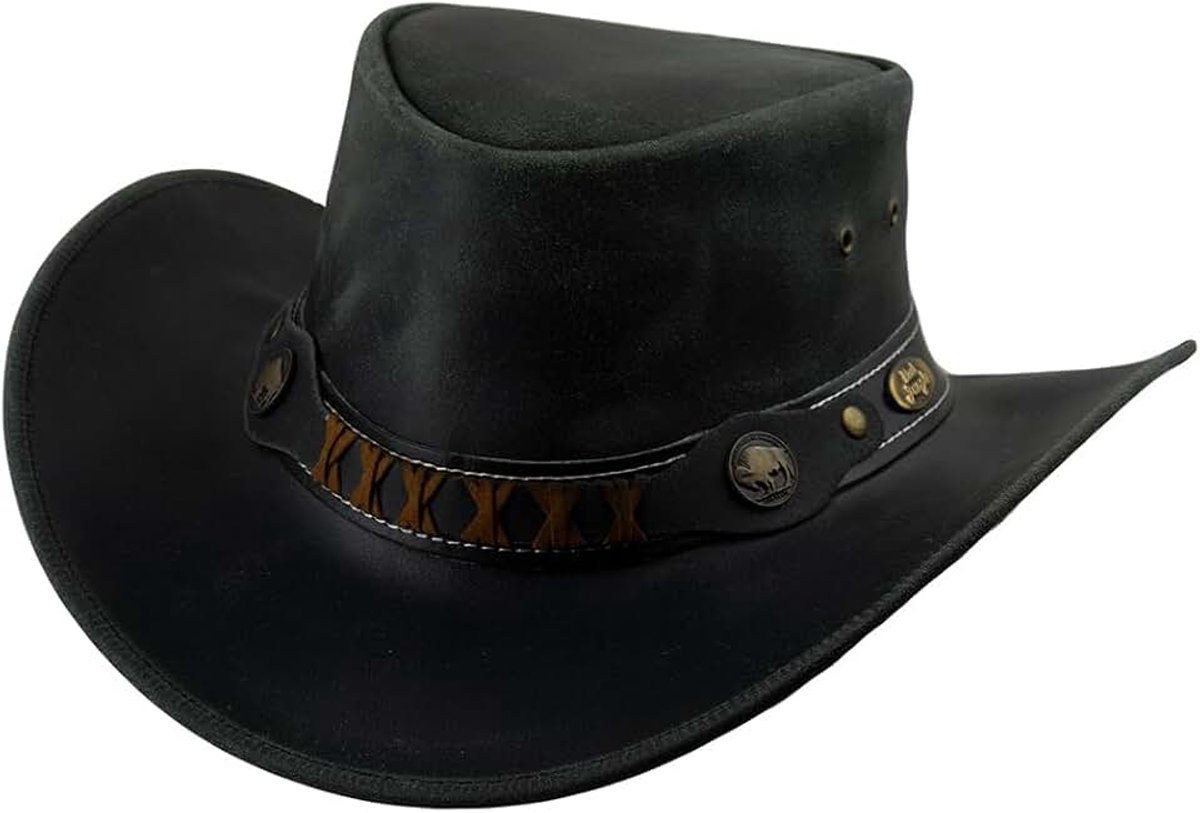 Jungle Rodeo leren hoed, westernhoed, Australische hoed, cowboyhoed van rundleer, uniseks, bruin, zwart, Tan