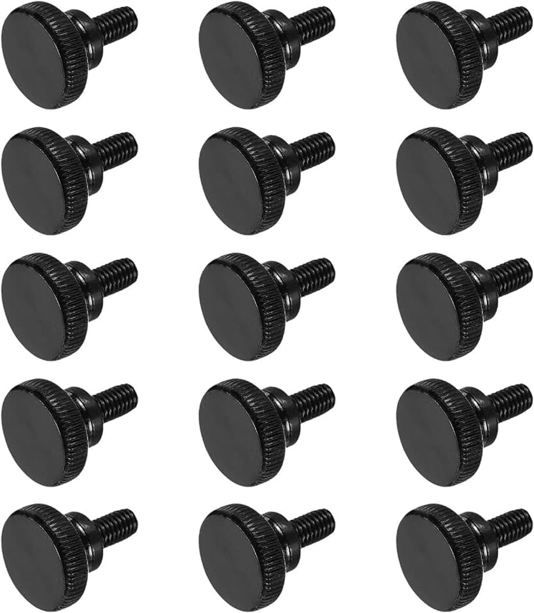 15 stuks M6 x 10 mm gekartelde duimschroeven, platte kop van staal, zwart, metalen gekartelde bouten met schoudergreep, handmatig vastdraaien, schroefdraadbevestigingen