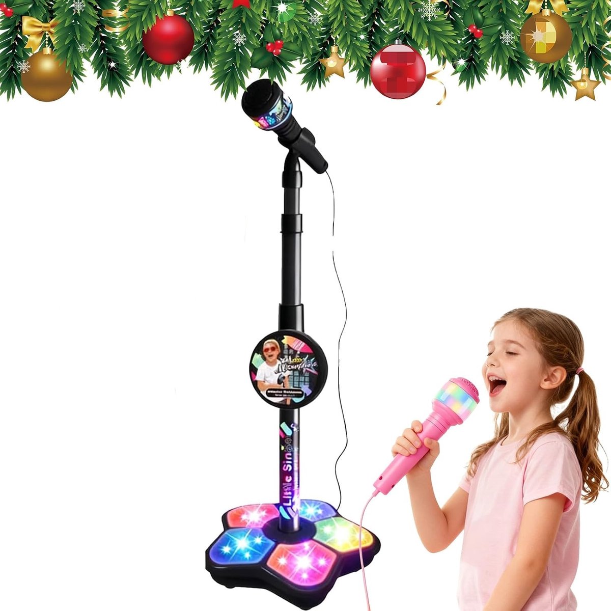 Zwart Karaokemicrofoon voor kinderen met verstelbare standaard – draagbare microfoon om mee te zingen, in hoogte verstelbaar, met knipperende lichtshow in de voet – voor jongens en meisjes van 3 tot 6 jaar