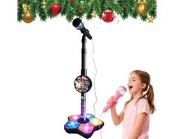 Zwart Karaokemicrofoon voor kinderen met verstelbare standaard – draagbare microfoon om mee te zingen, in hoogte verstelbaar, met knipperende lichtshow in de voet – voor jongens en meisjes van 3 tot 6 jaar