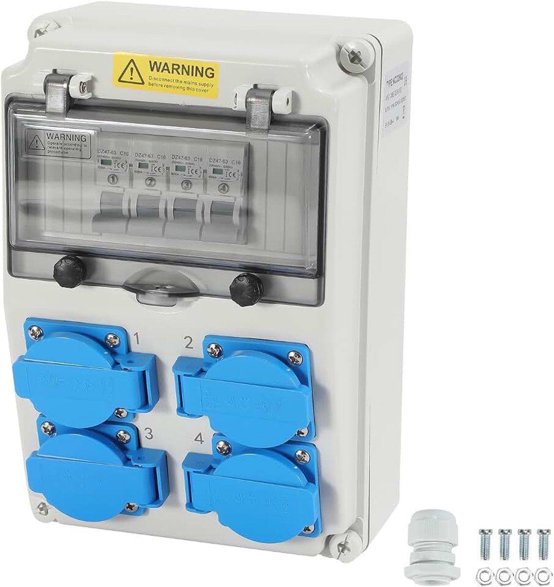 Wandverdeler met stroomonderbreker, Bouwstroomverdeler met 4xSchuko-stopcontact en 4xCEE-stopcontact 16A stroomverdeler, Bouwstroomverdelerkast waterdicht voor binnen en buiten