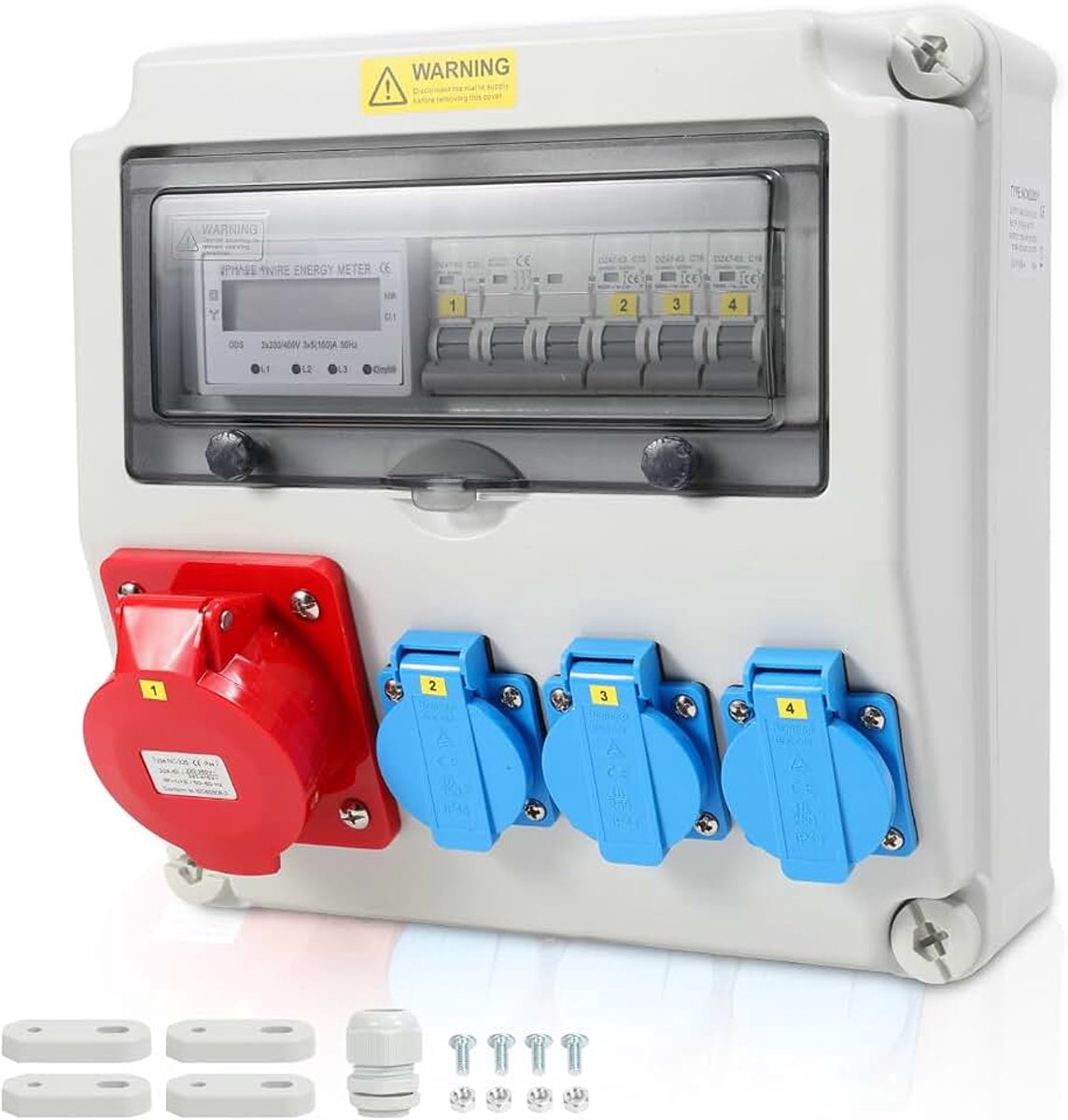 Wandstroomverdeler Bouwstroomverdeler, Stroommeter 3-fasen en MCB, 3xSchuko-stopcontacten 16A 230V, 1xCEE stopcontacten 32A 5 polig, stopcontacten met veiligheidsdeksels, voor bouwplaats