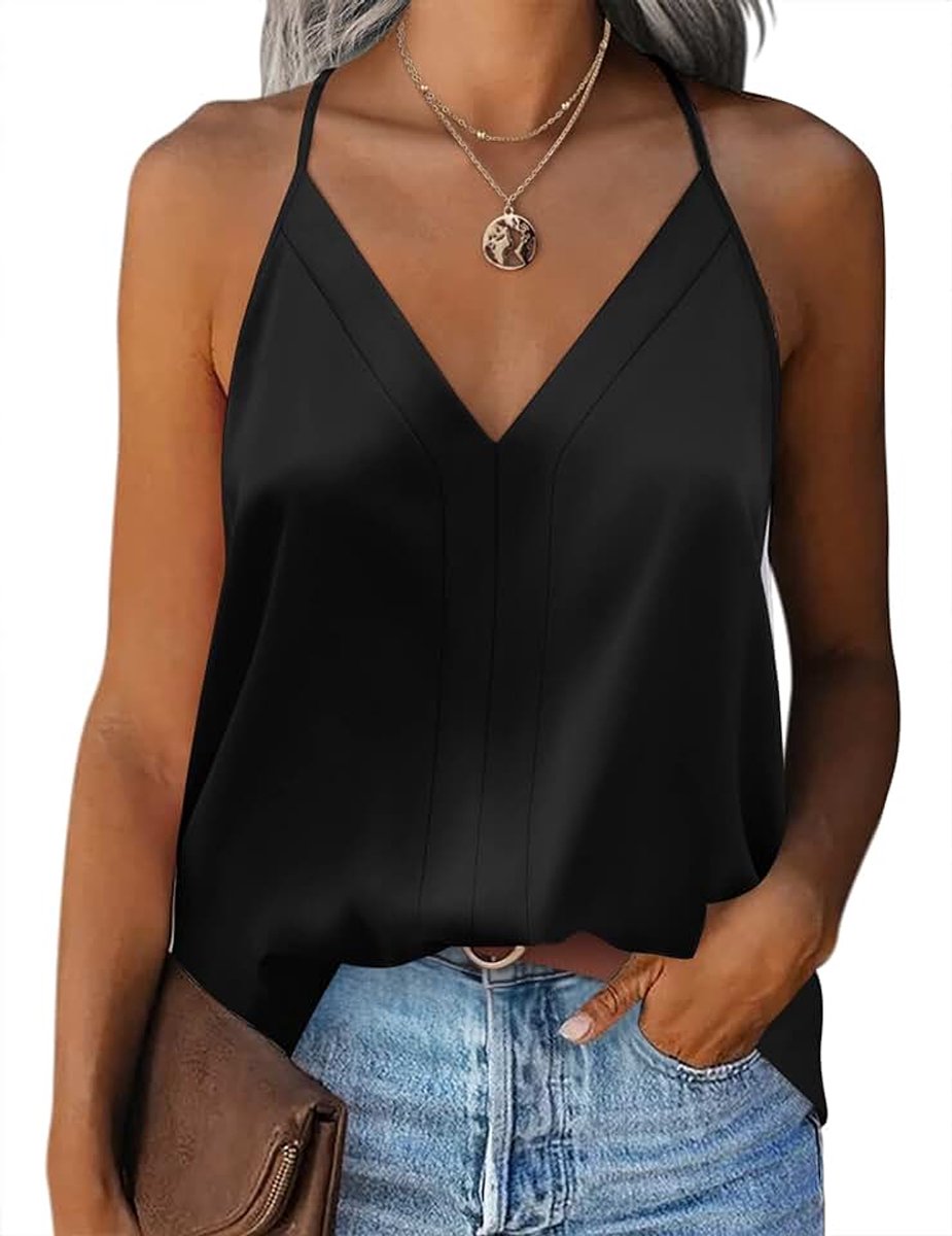 Satijnen camisole tanktop voor dames, basic top met spaghettibandjes, verstelbare spaghettibandjes, V-hals