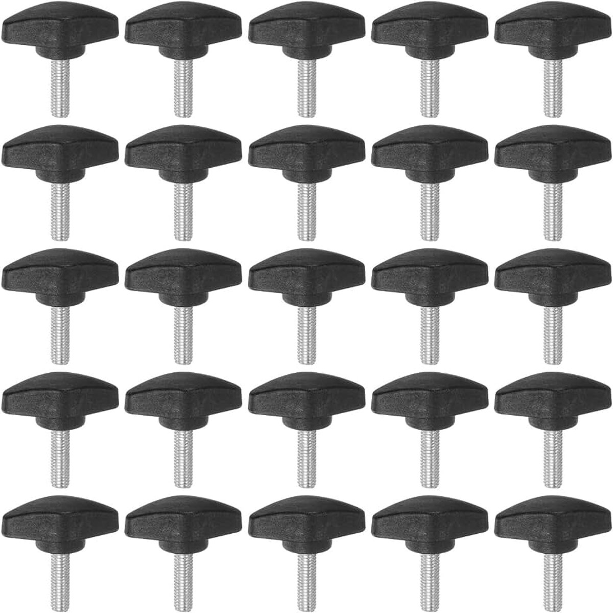 25 stuks T-vleugelknoppen, kartelschroeven, M6 x 20 mm, standaard buitendraad, kunststof T-knoppen, handgrepen, handklemknoppen, greepkartelschroef, zwart