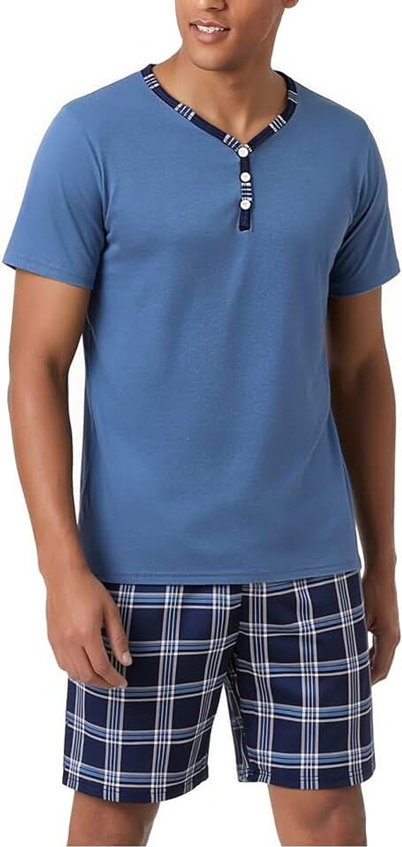 Zomerpyjama voor heren, katoen, set met korte mouwen en korte broek, nachtkleding met zakken en geruite shorts