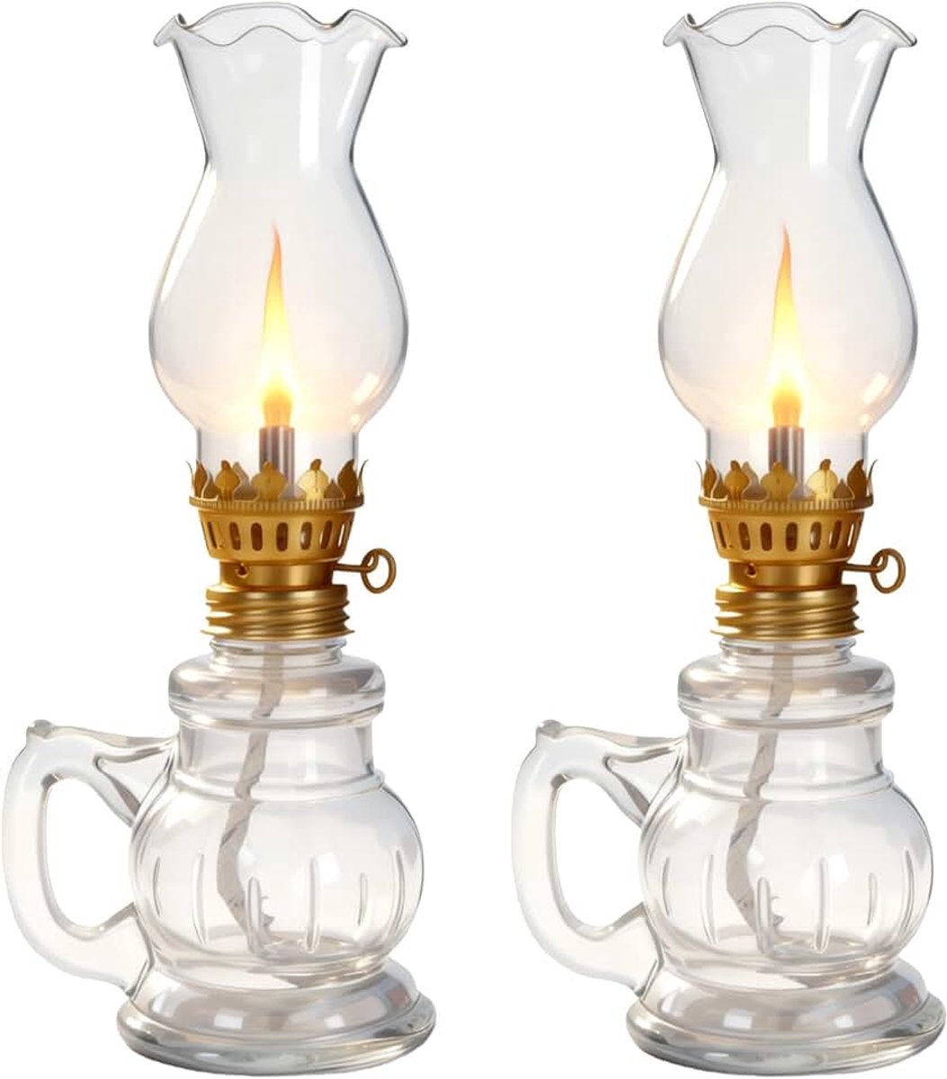 2 stuks vintage petroleumlamp, olielamp, glas met verstelbare vuurlont, petroleumlamp, delicate stormlamp voor binnen en buiten, voor woonkamer, tuin, woondecoratie, noodverlichting