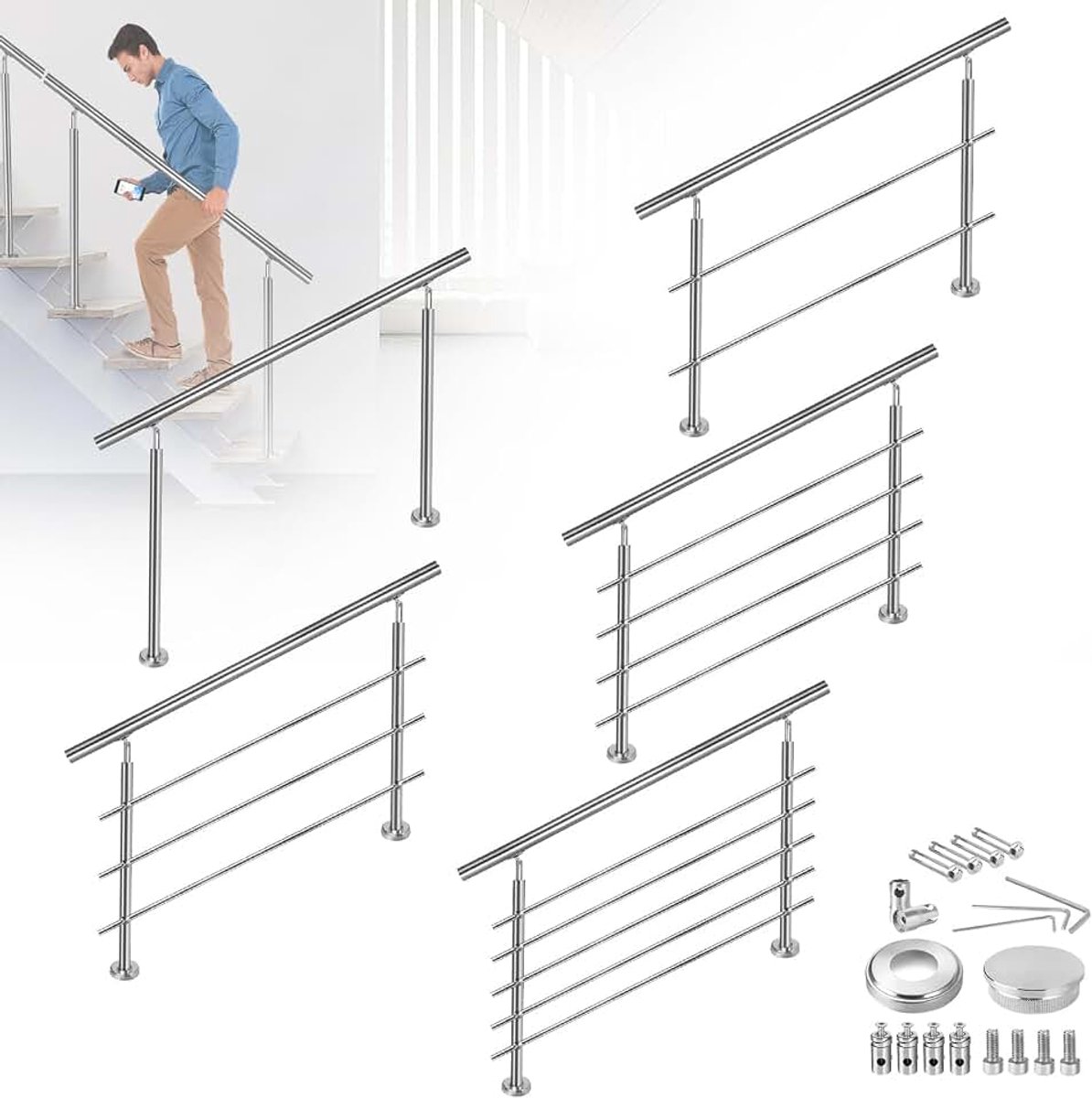 Roestvrij stalen trapleuning voor buiten, 80 cm, leuning, balustrade met 2 palen, bouwpakket, trappen voor binnen en buiten, 3 dwarsbalken