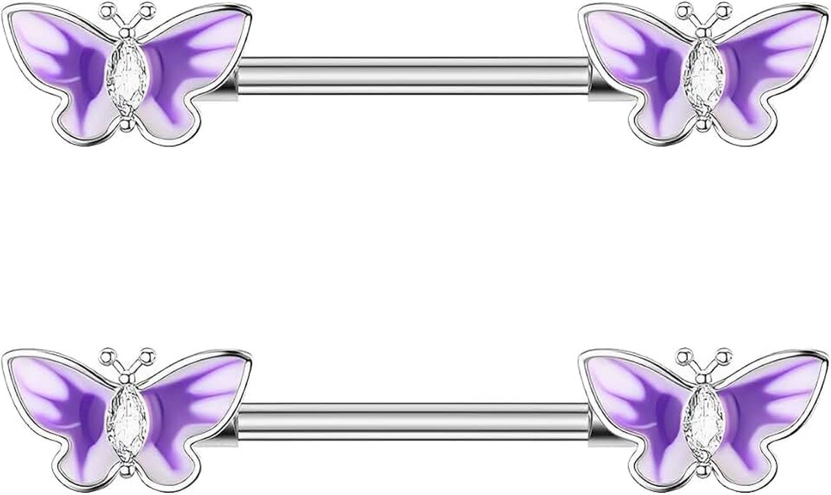 14G Butterfly CZ Crystal Tepelringen voor Vrouwen - Hypoallergeen roestvrij staal Body Piercing Sieraden met Paars/Wit Email (1,6 cm, 2,5 g), Medium, Roestvrij staal, Zirkonia