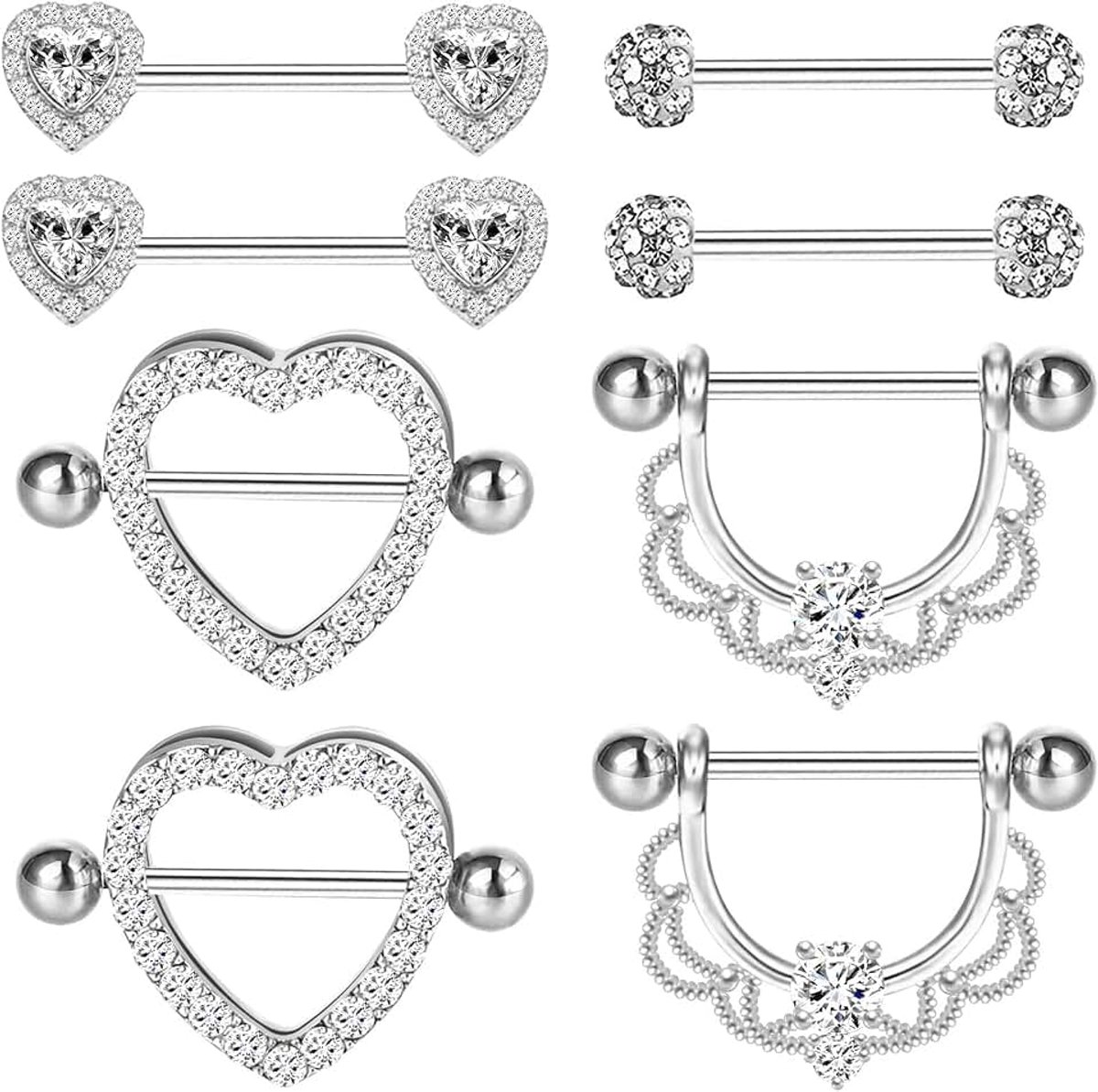 48 St Tepelringen voor Vrouwen,Kucheed 14G Chirurgisch Stalen Tong Ringen Tepel Piercing Sieraden Retainer, 12-18mm Rechte Barbell Tepel Ringen Set, Schattige Zirconia Hart Nipplerings