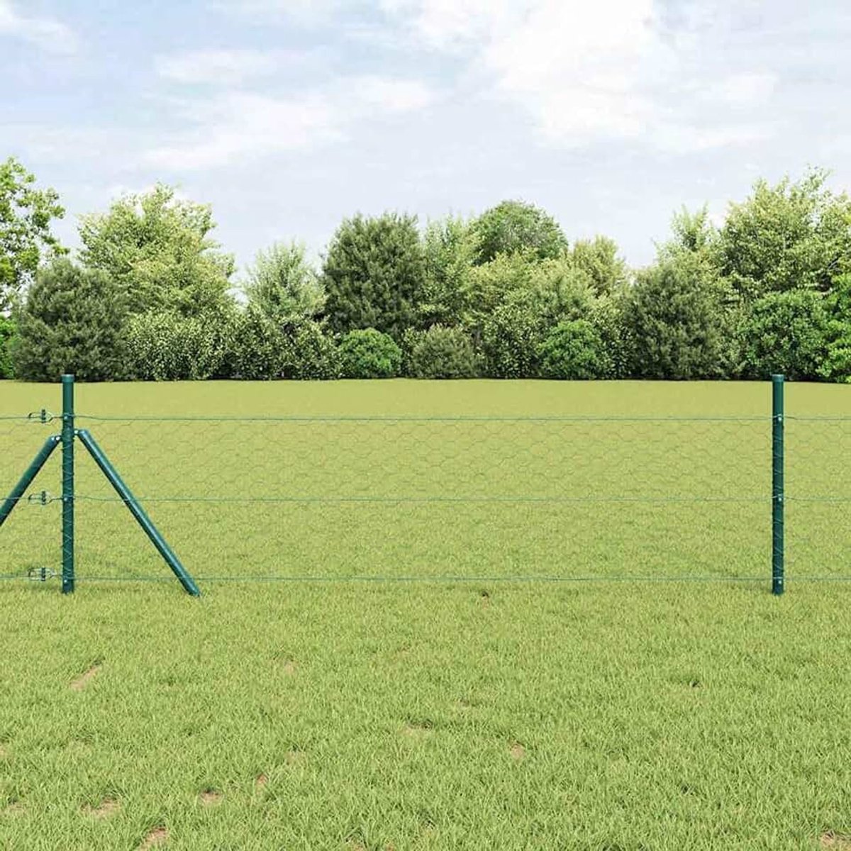 3352751 Zeshoekige omheining, groen, 1,2 x 100 m, hekpalen 13 stuks, groen, Ø 32 mm, 170 cm, verzinkt staal, stabiele stalen palen voor tuinhekken, landbouw, wilgennetten, kippendraad